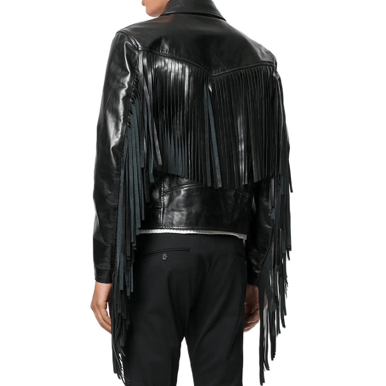 Worn styled look showing the black leather fringe jacket