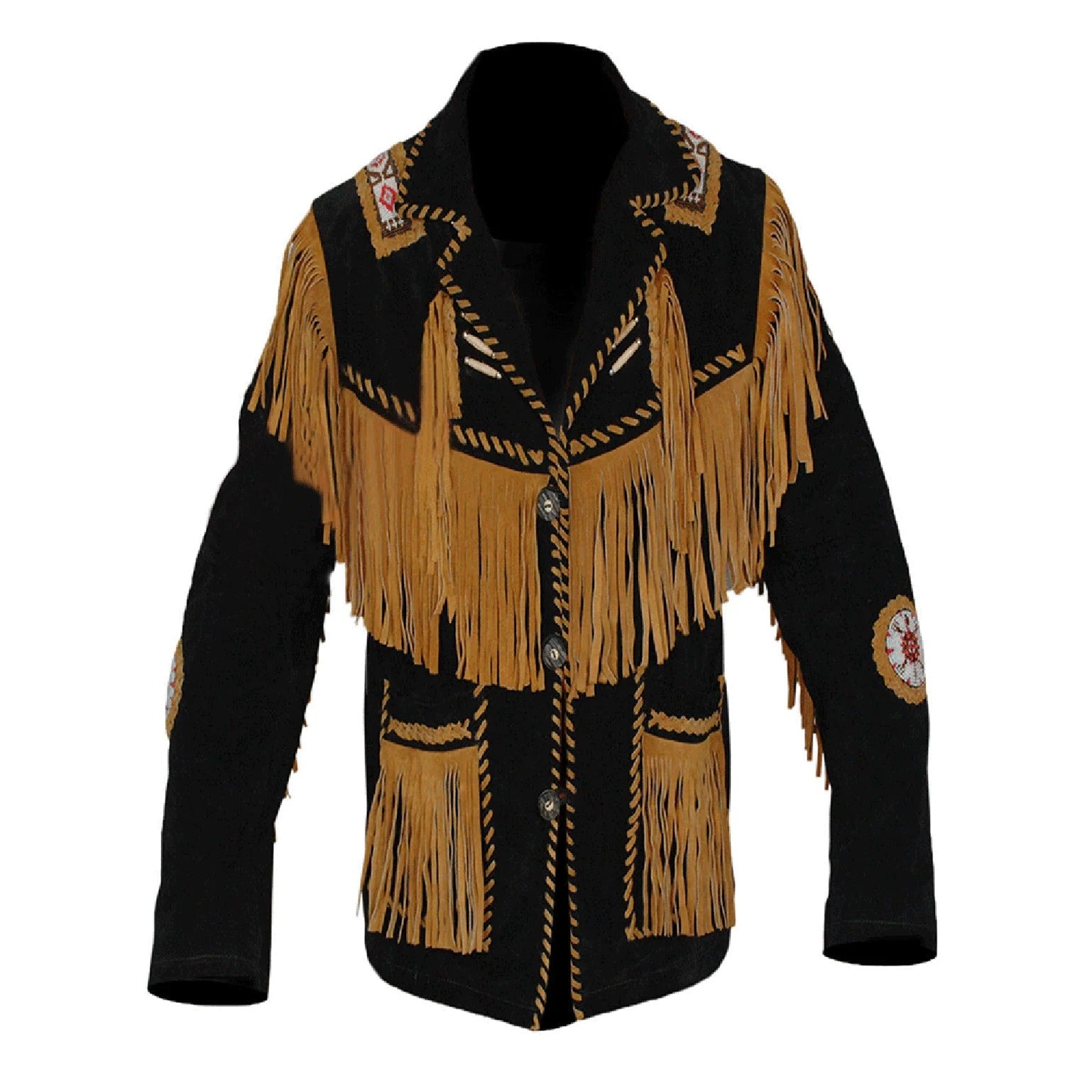 Front View of the black suede leather fringe jacket for men