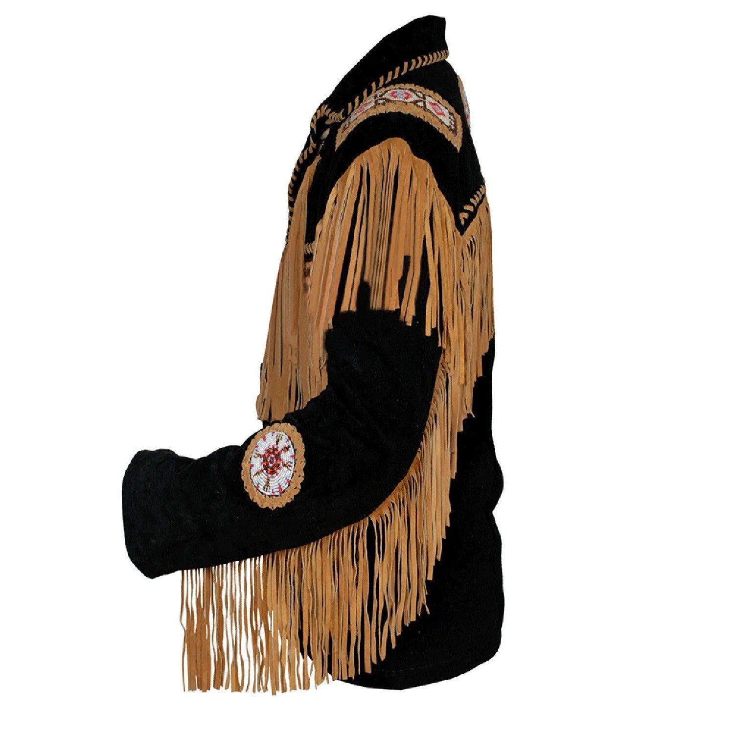 Side View of the black suede leather fringe jacket for men