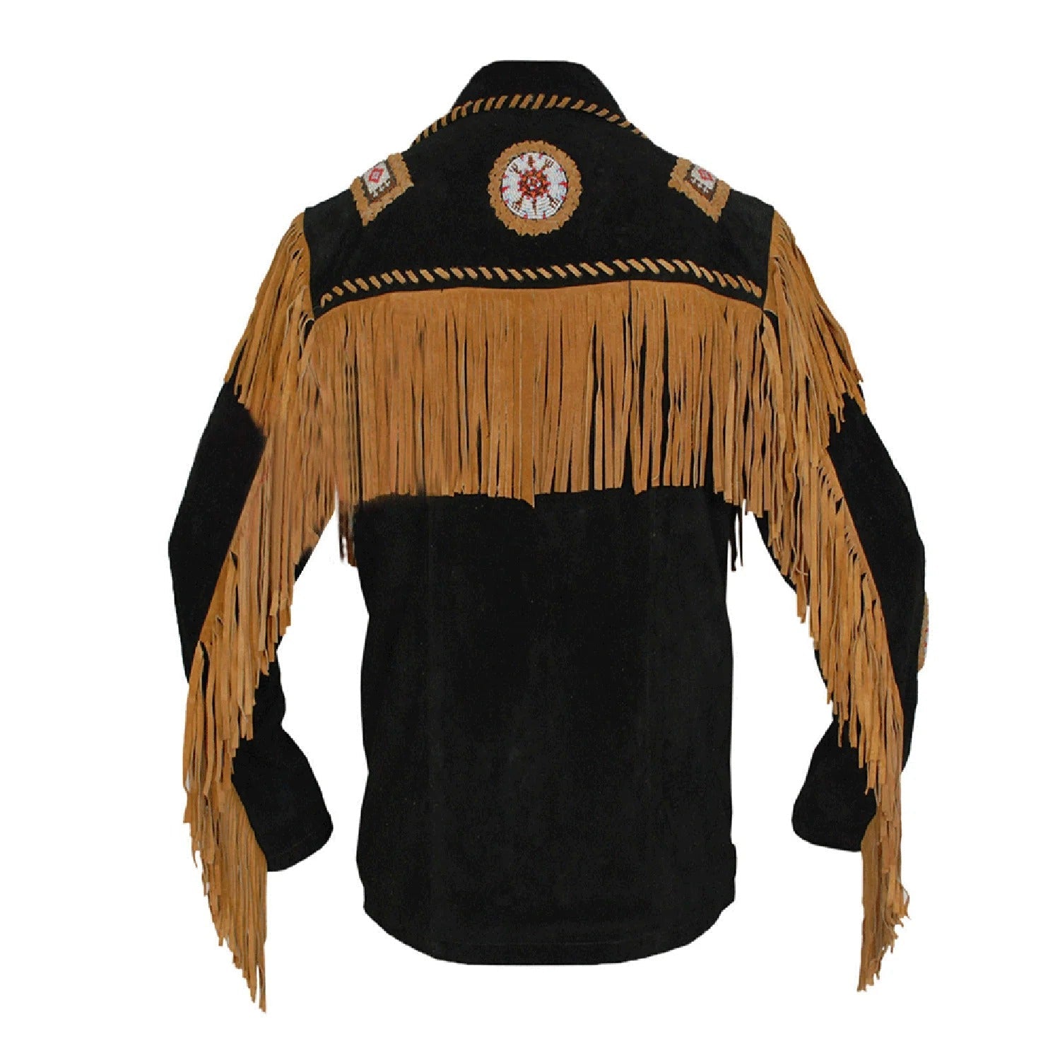 Back View of the black suede leather fringe jacket for men