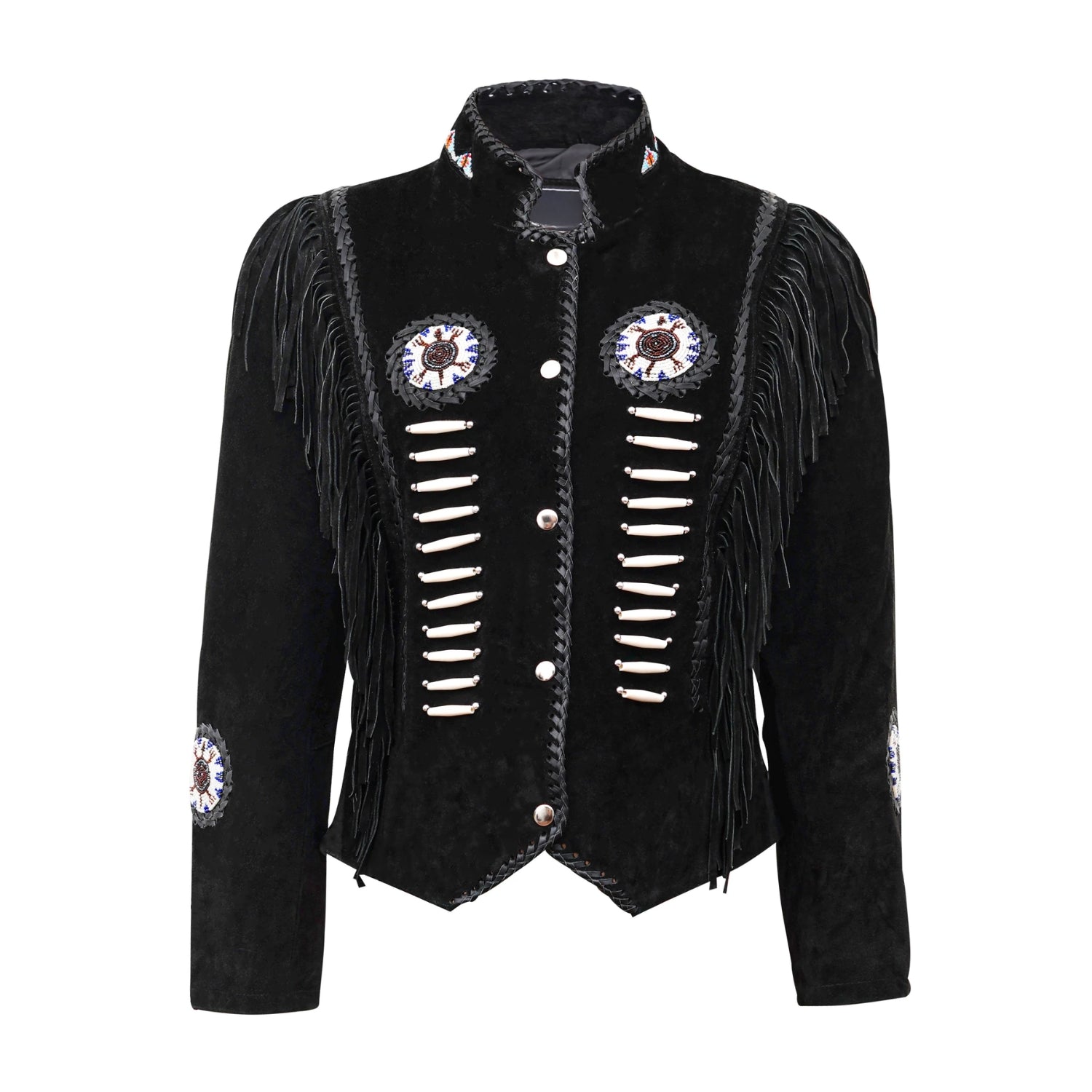 The black suede leather fringe jacket with beaded detailing, pictured in full display