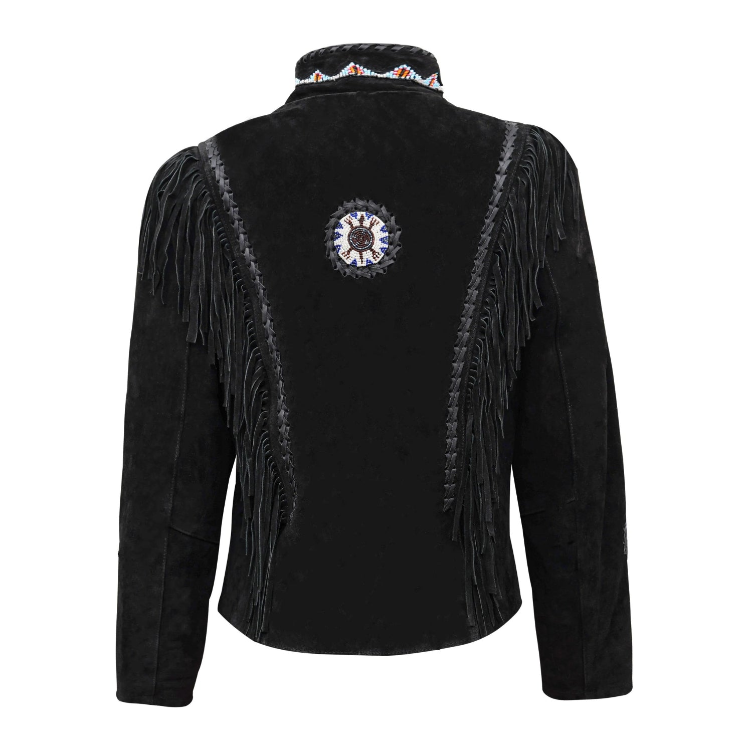 Back View of the black suede leather fringe jacket for men