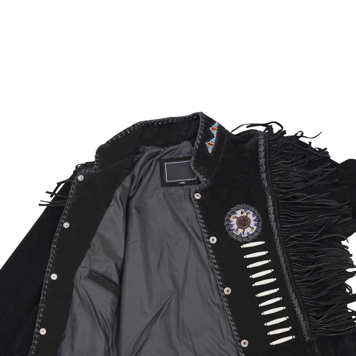 Black suede leather fringe jacket with beaded detailing, Close up