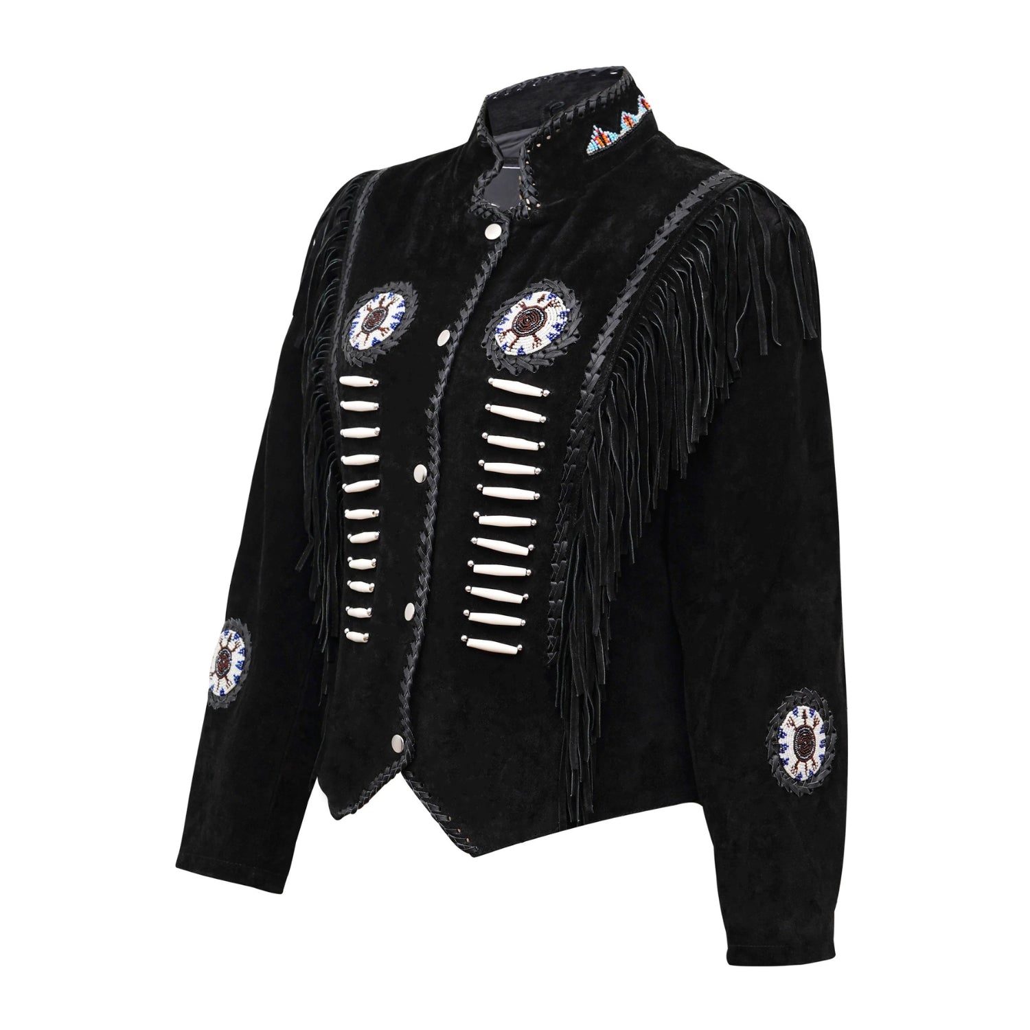 Side view of the black suede leather fringe jacket with beaded detailing for men