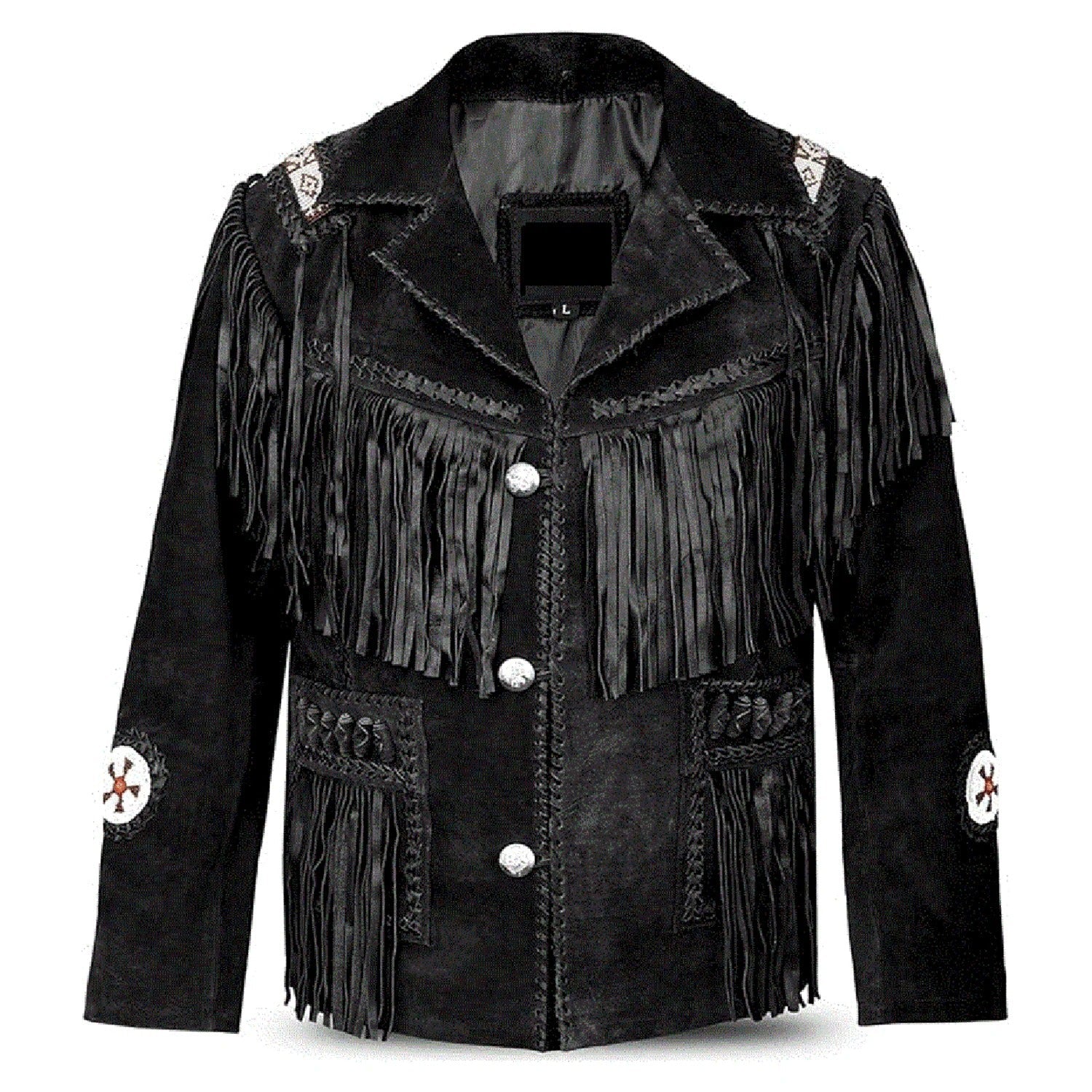 Black suede leather fringe jacket with beaded detailing, worn styled look