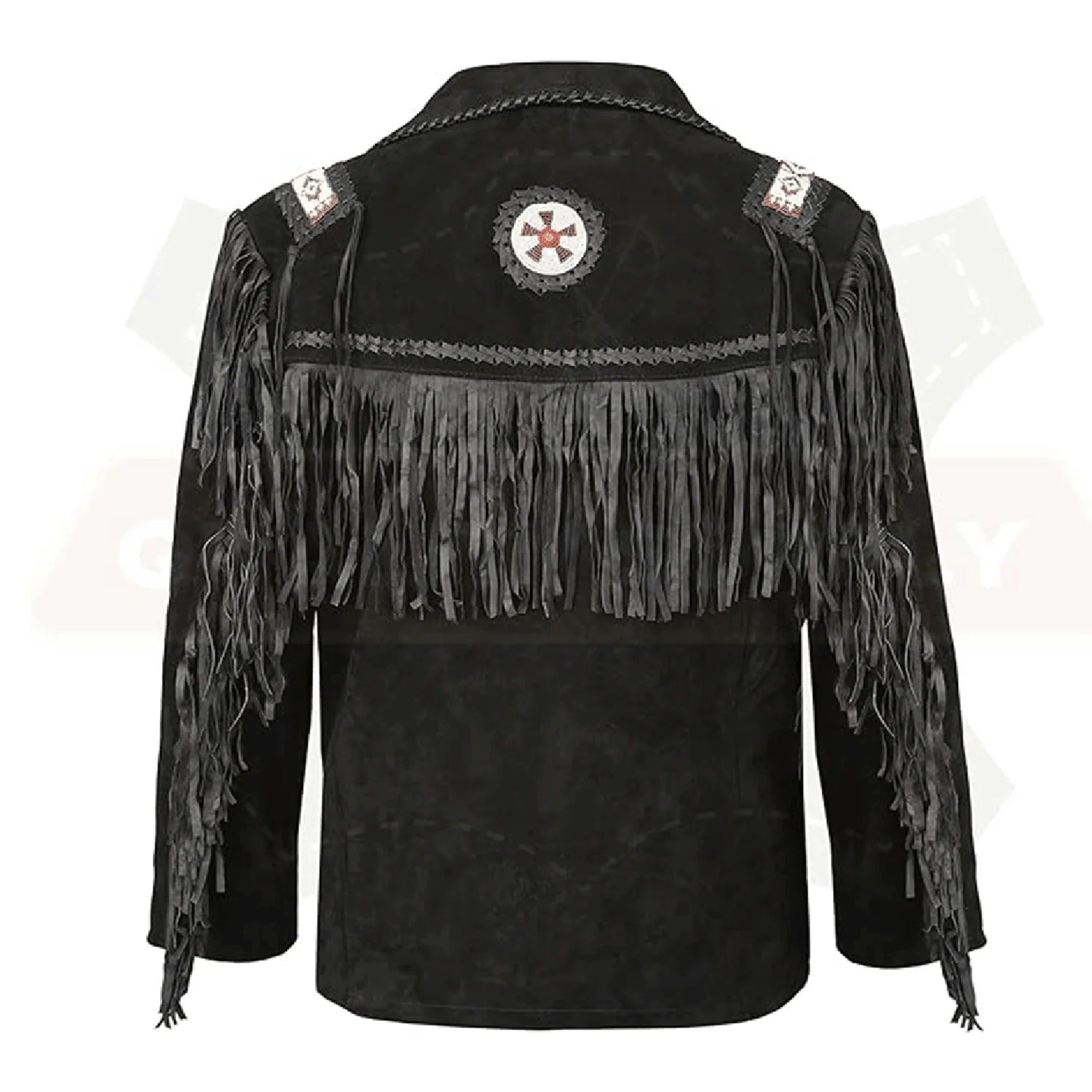 Black suede leather fringe jacket with beaded detailing, full display