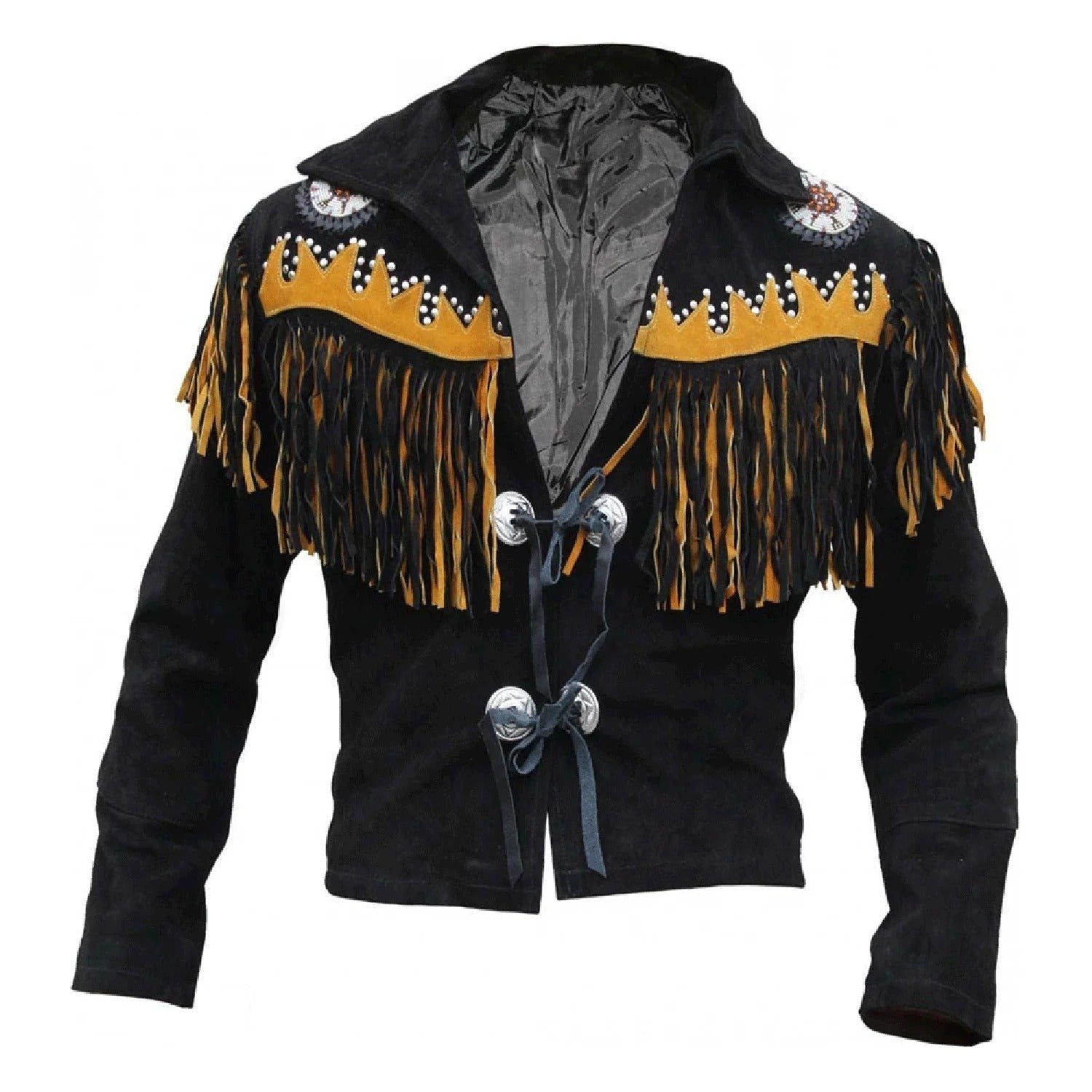 Close-up detail of the black suede leather fringe jacket with beaded detailing for men