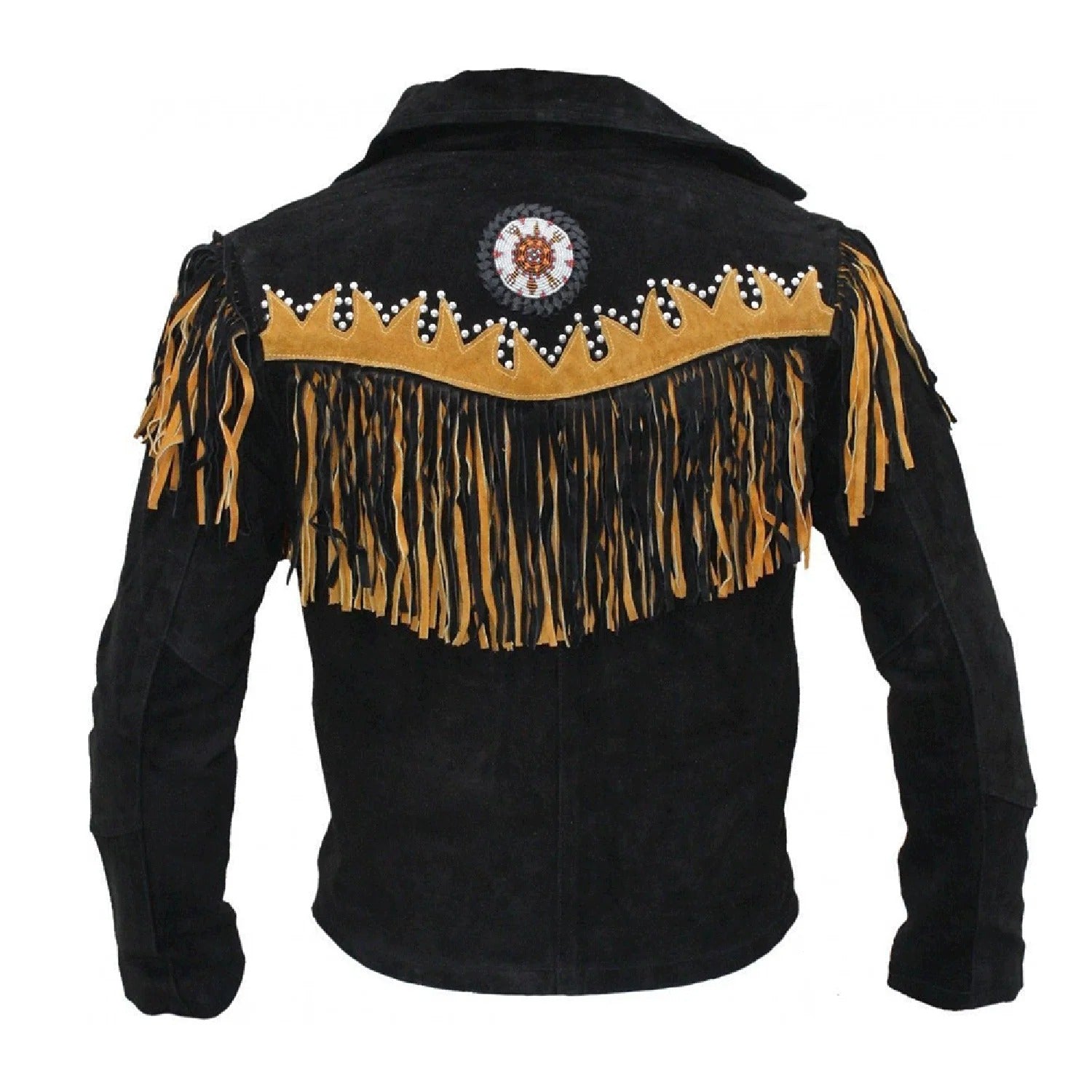 Worn styled look of the black suede leather fringe jacket with beaded detailing for men