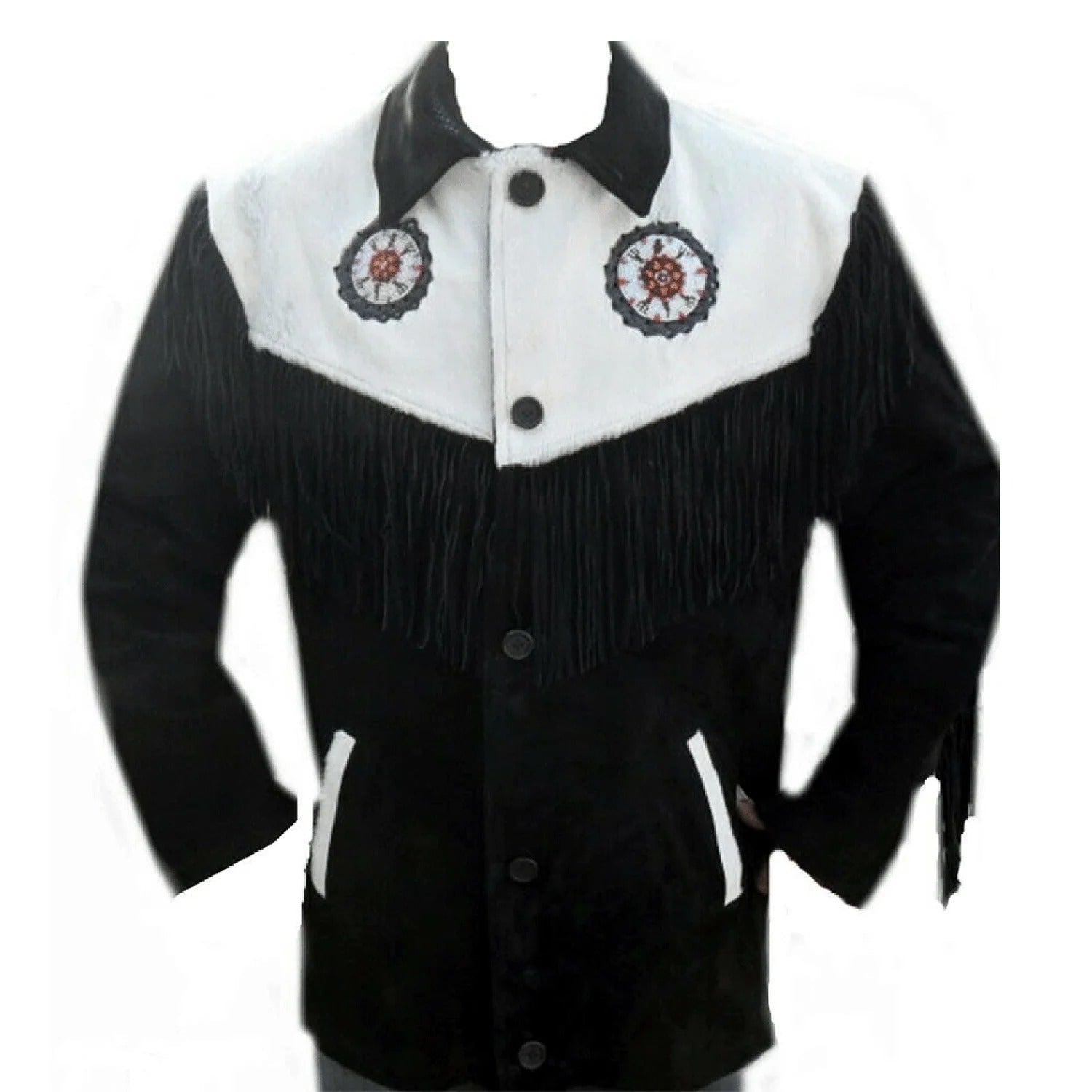 Back view showing the black suede leather fringe jacket with beaded detailing