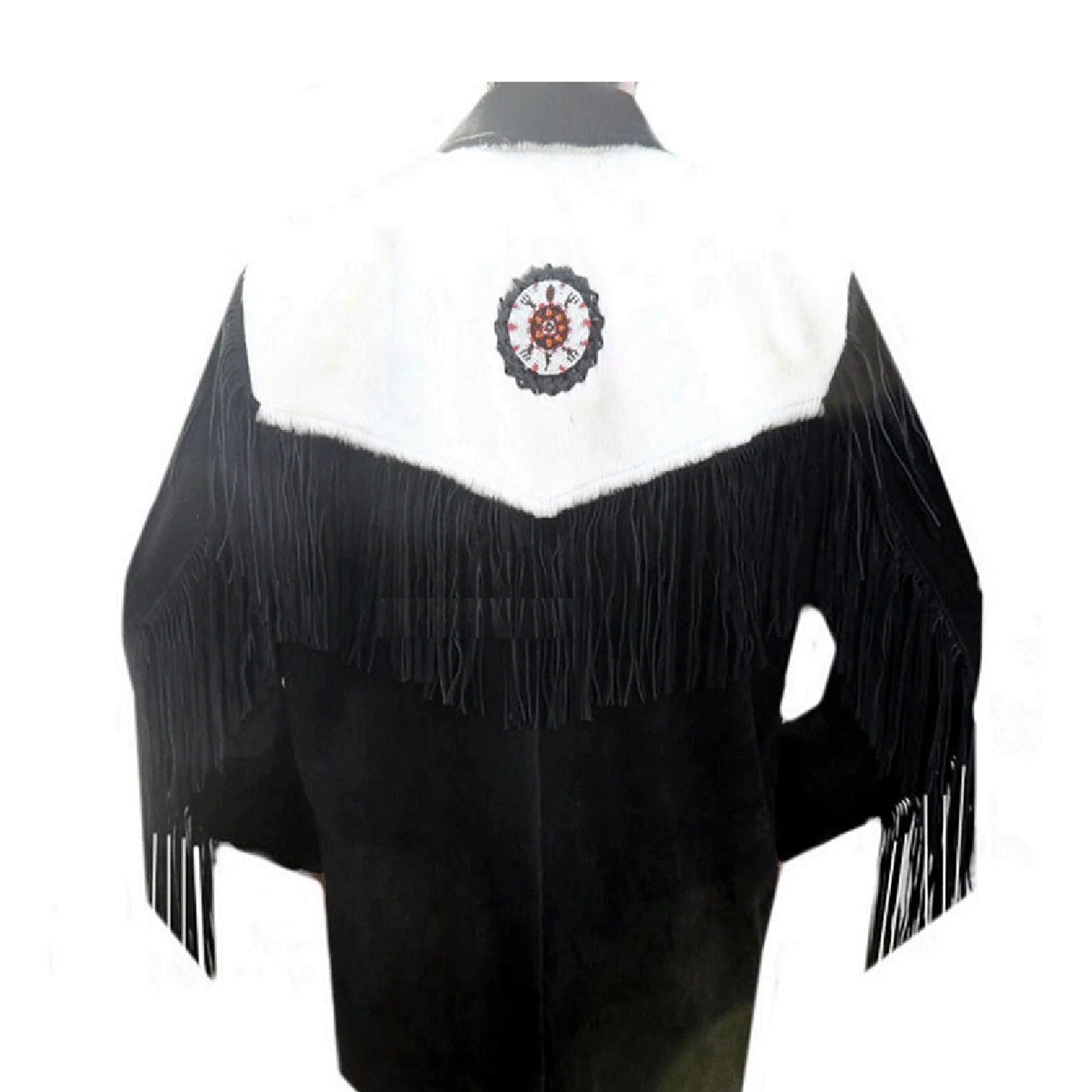 Close-up detail showing the black suede leather fringe jacket with beaded detailing