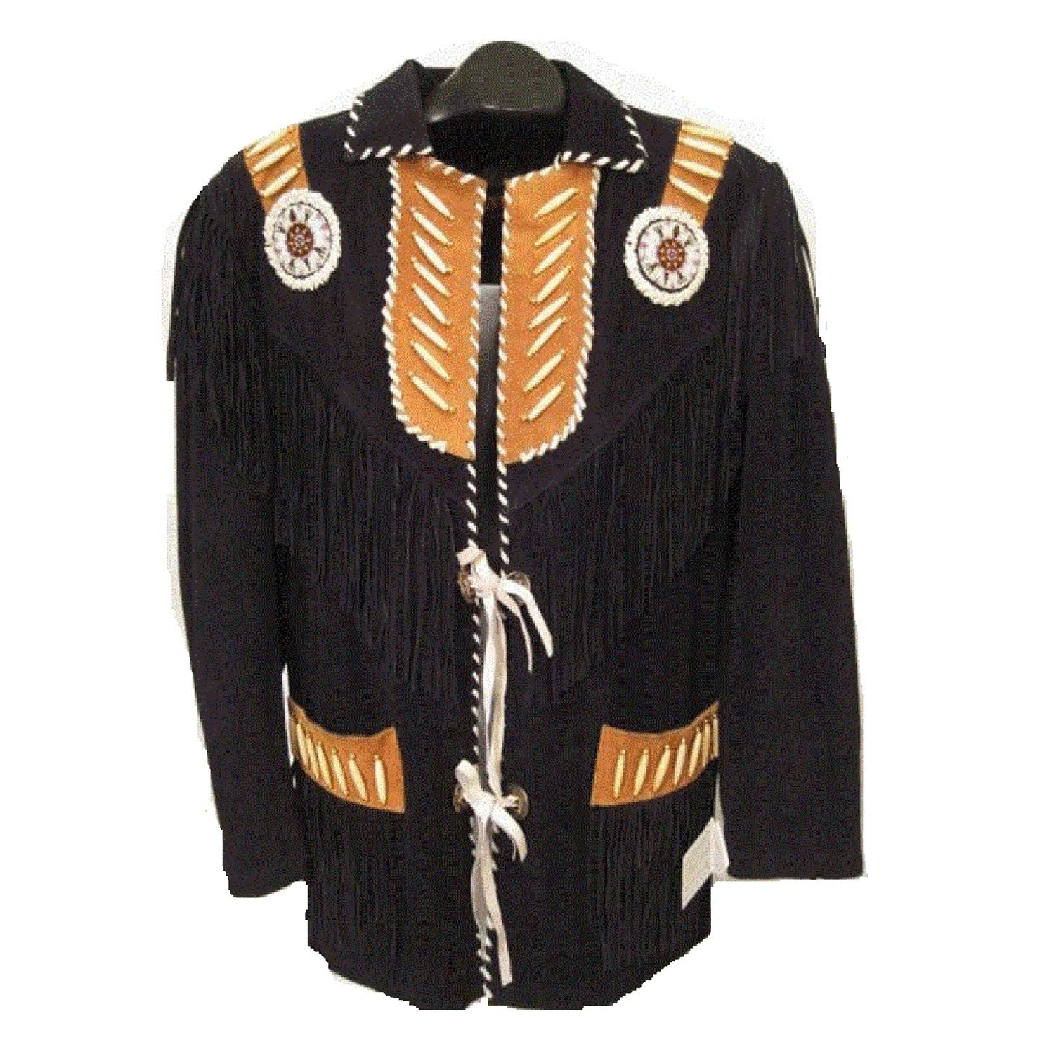 The black suede leather fringe jacket with beaded detailing, pictured from the side