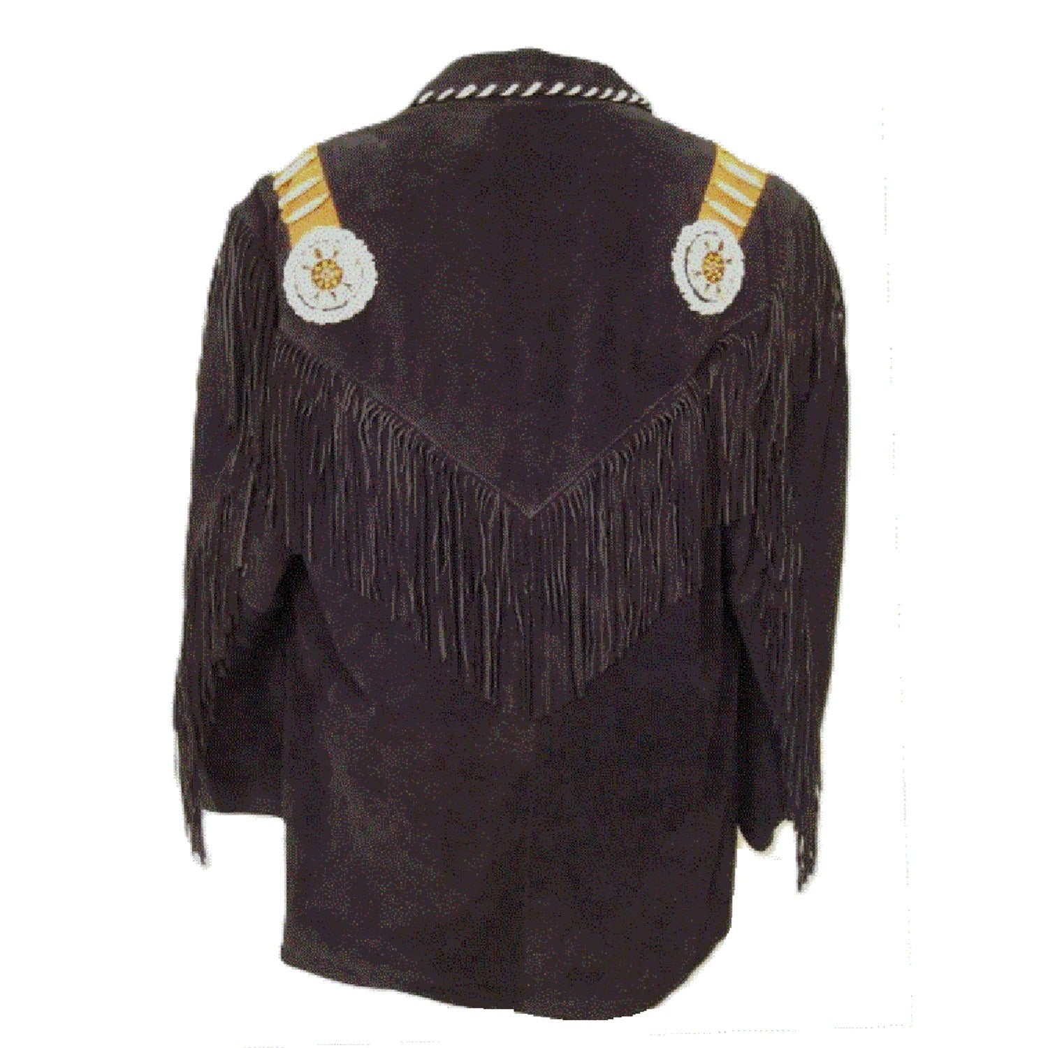 The black suede leather fringe jacket with beaded detailing, pictured from the back