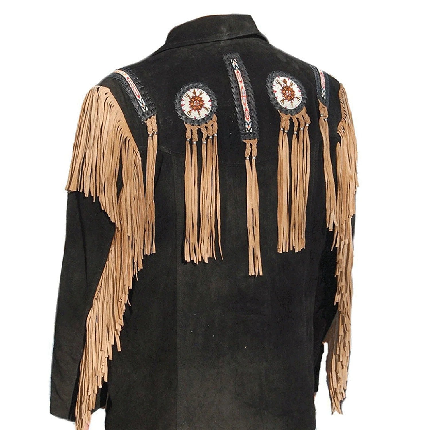 Black suede leather fringe jacket with beaded detailing, front view