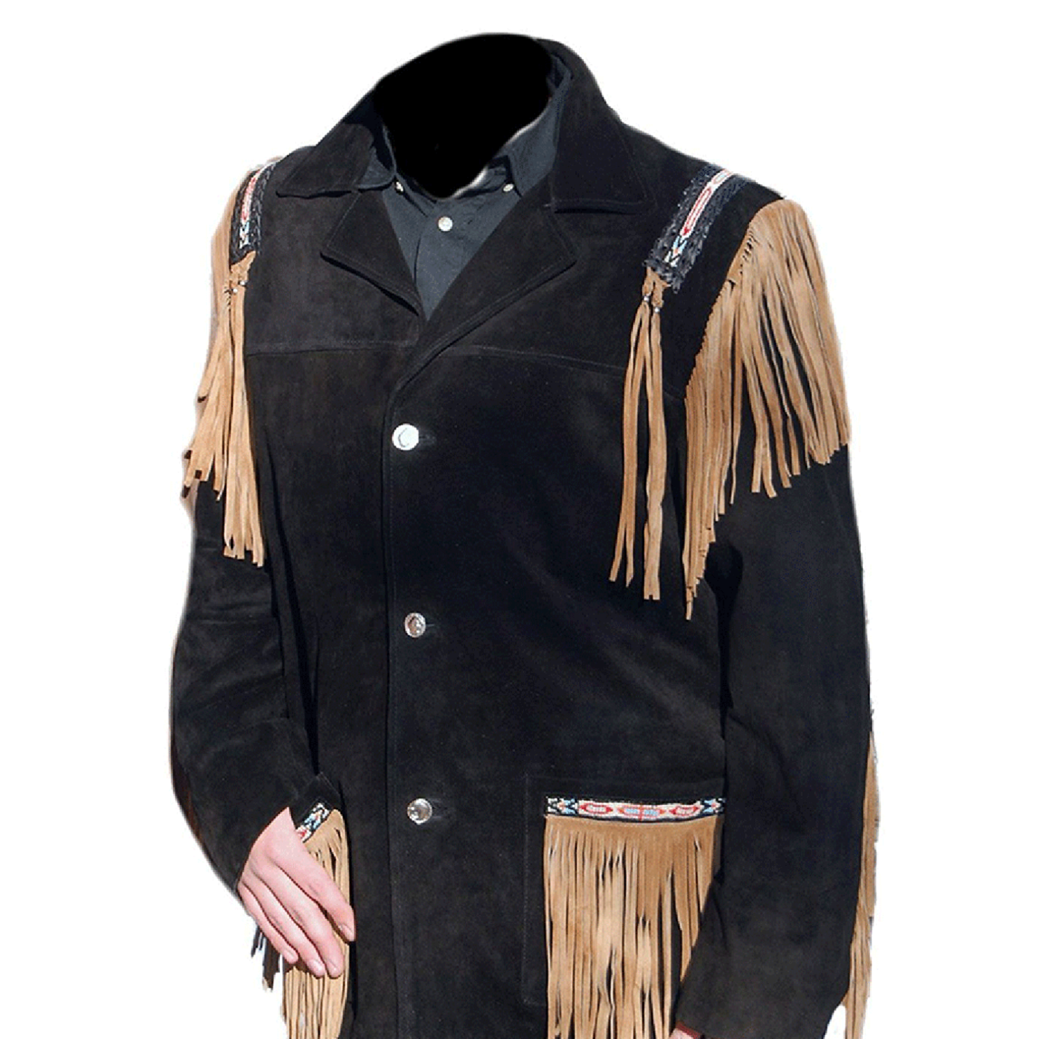 Black suede leather fringe jacket with beaded detailing, detail shot