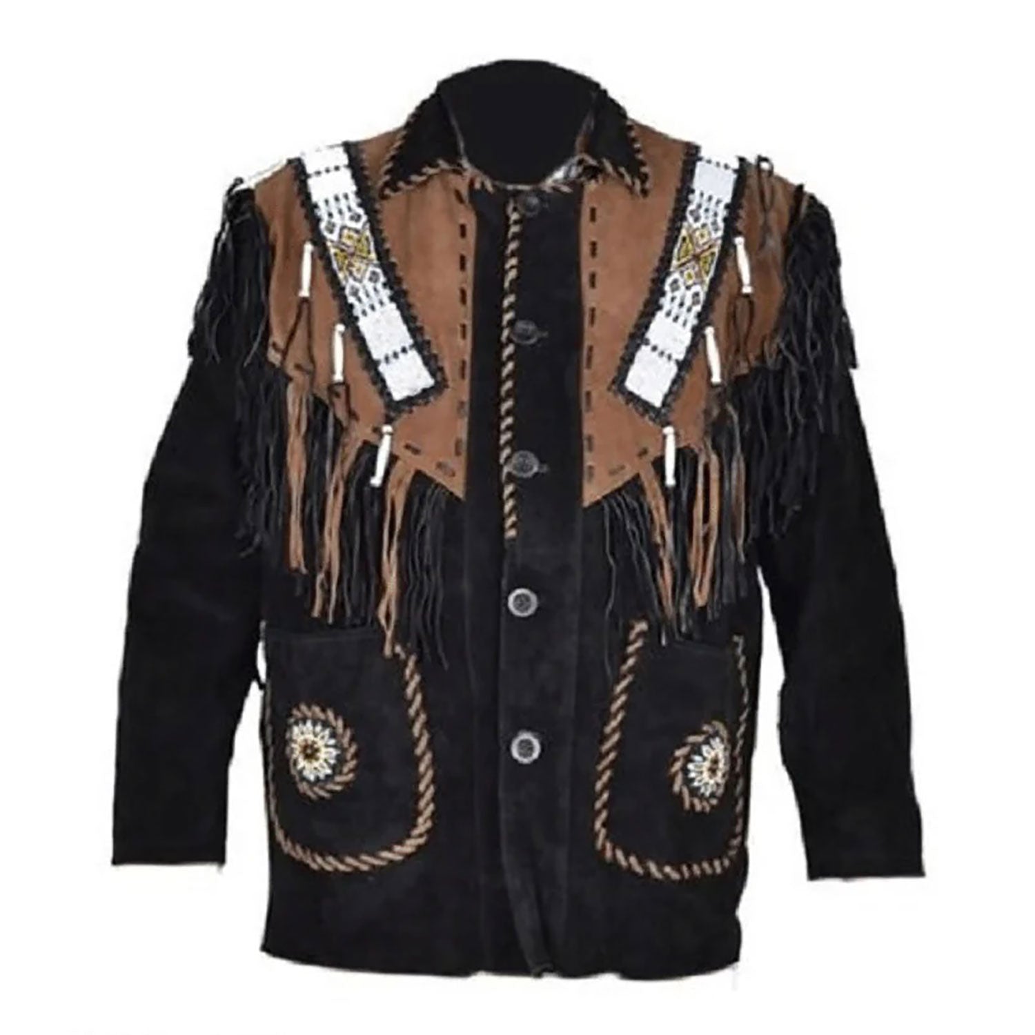 Full display of the black suede leather fringe jacket with beaded detailing for men