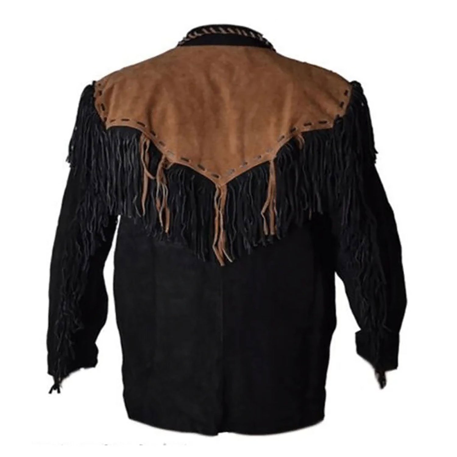 Detail shot of the black suede leather fringe jacket with beaded detailing for men