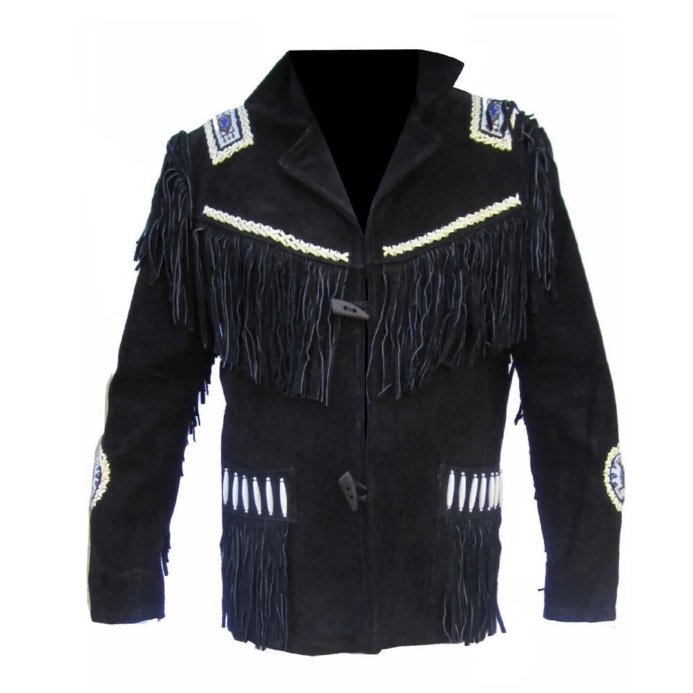 Worn styled look showing the black suede leather fringe jacket with beaded detailing