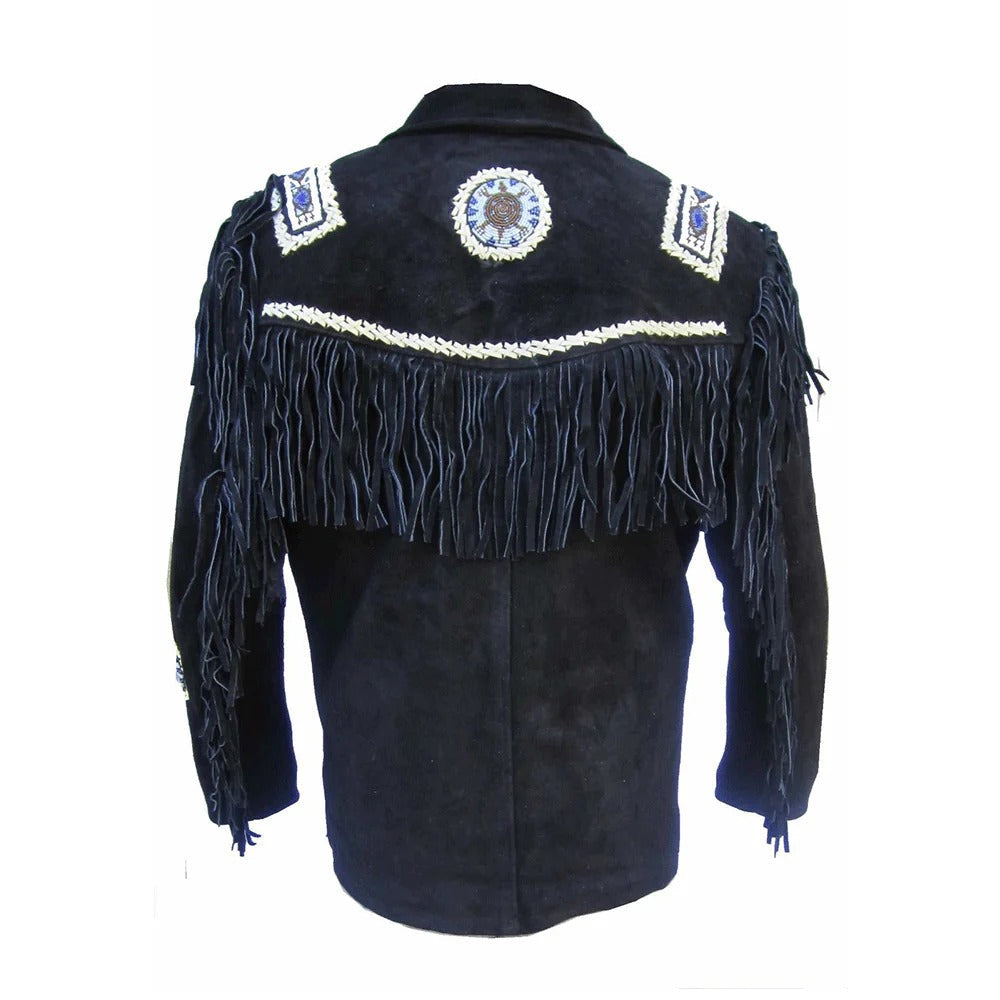 Detail shot showing the black suede leather fringe jacket with beaded detailing