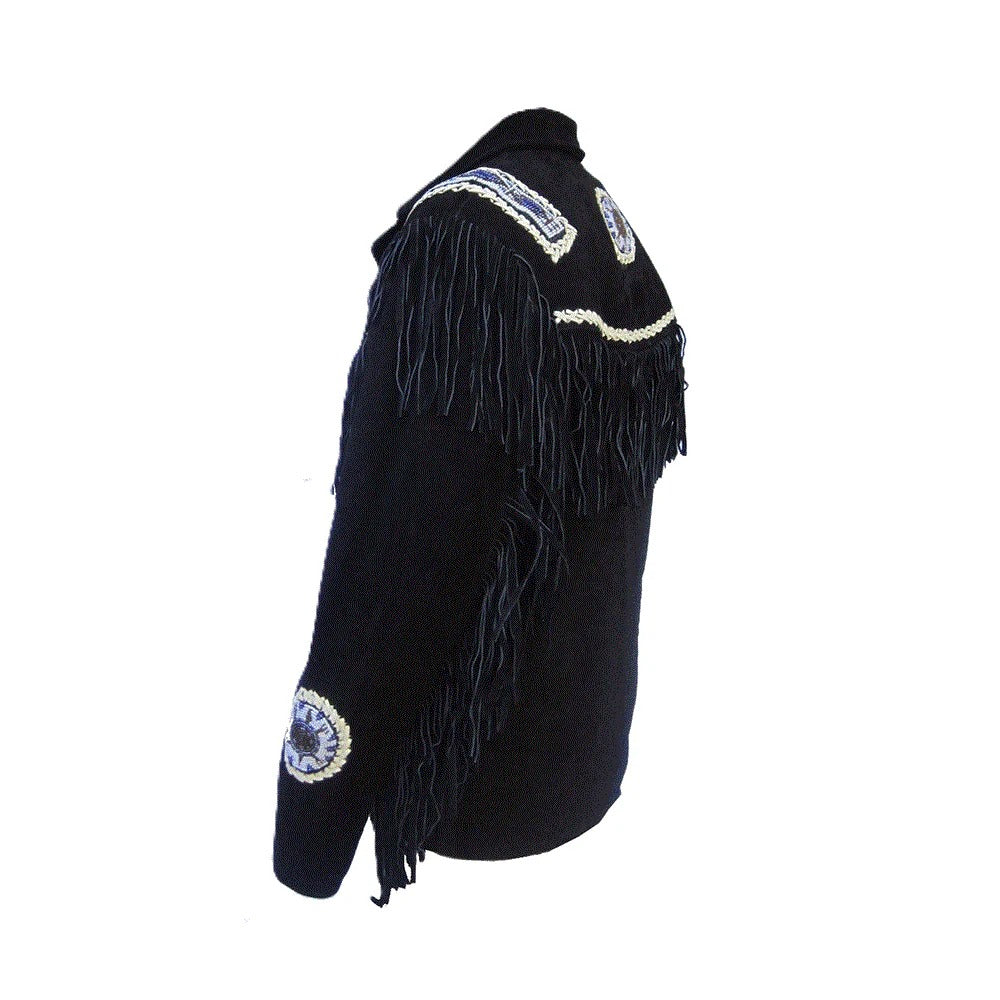 Full display showing the black suede leather fringe jacket with beaded detailing