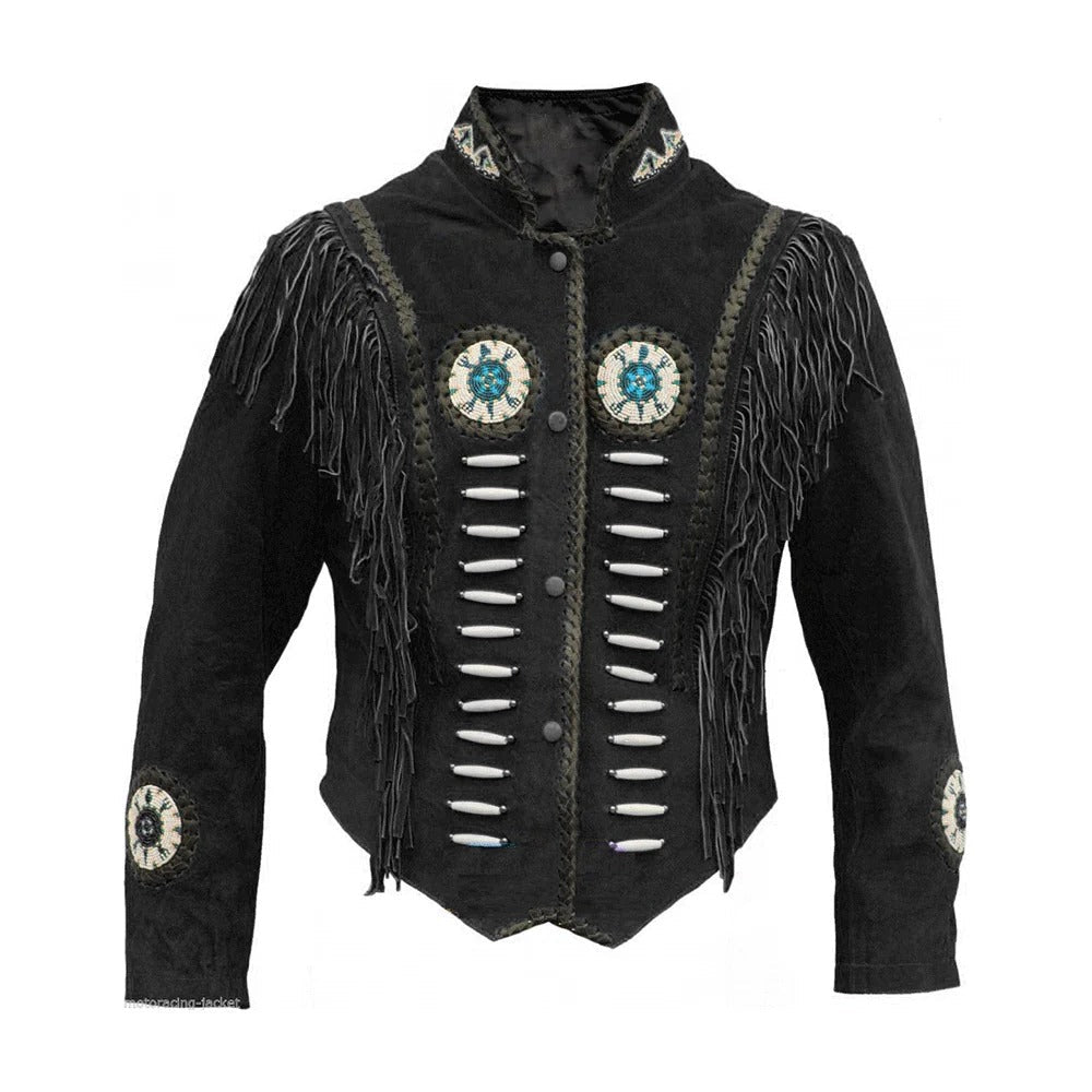The black suede leather fringe jacket with beaded detailing, pictured in close-up