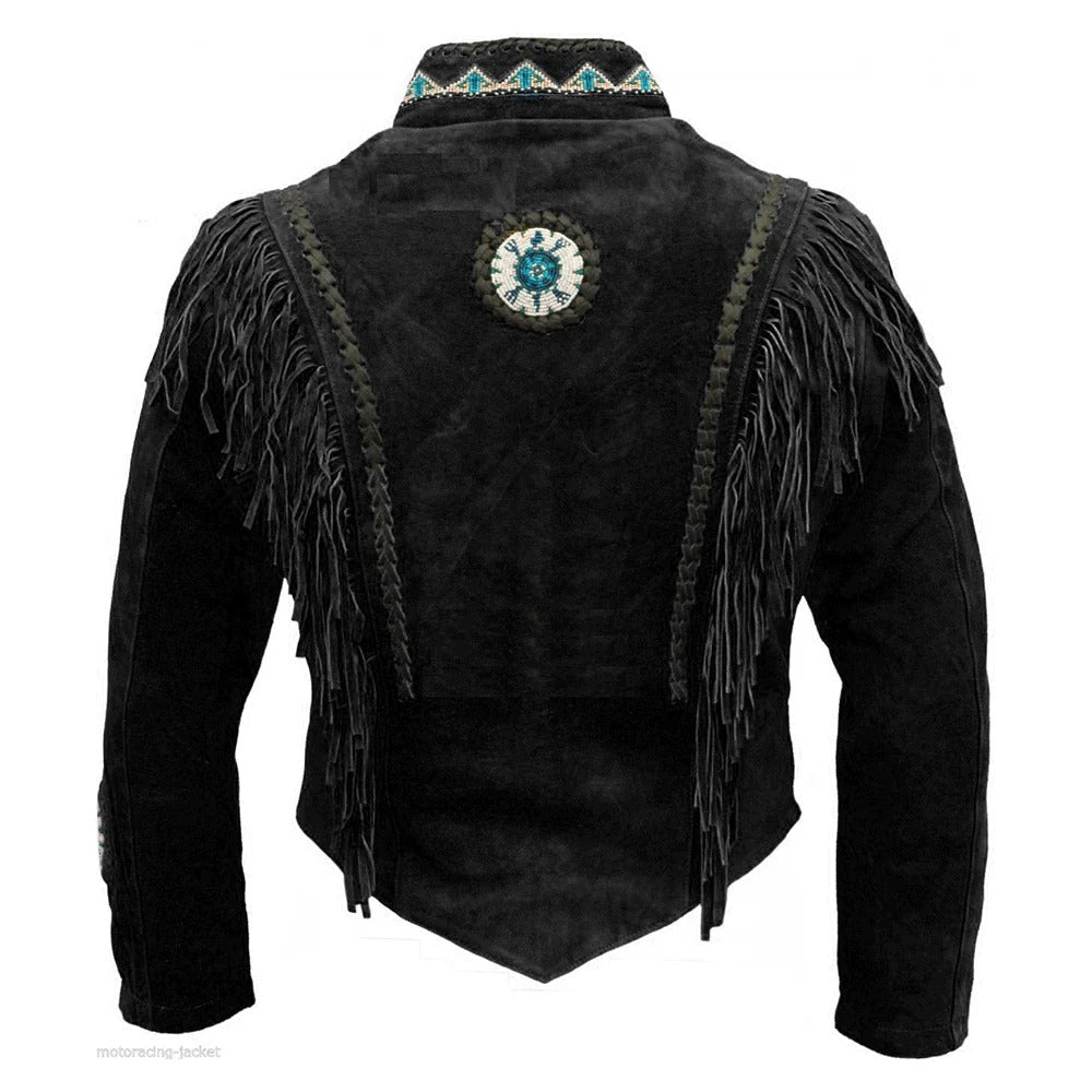 The black suede leather fringe jacket with beaded detailing, pictured worn and styled