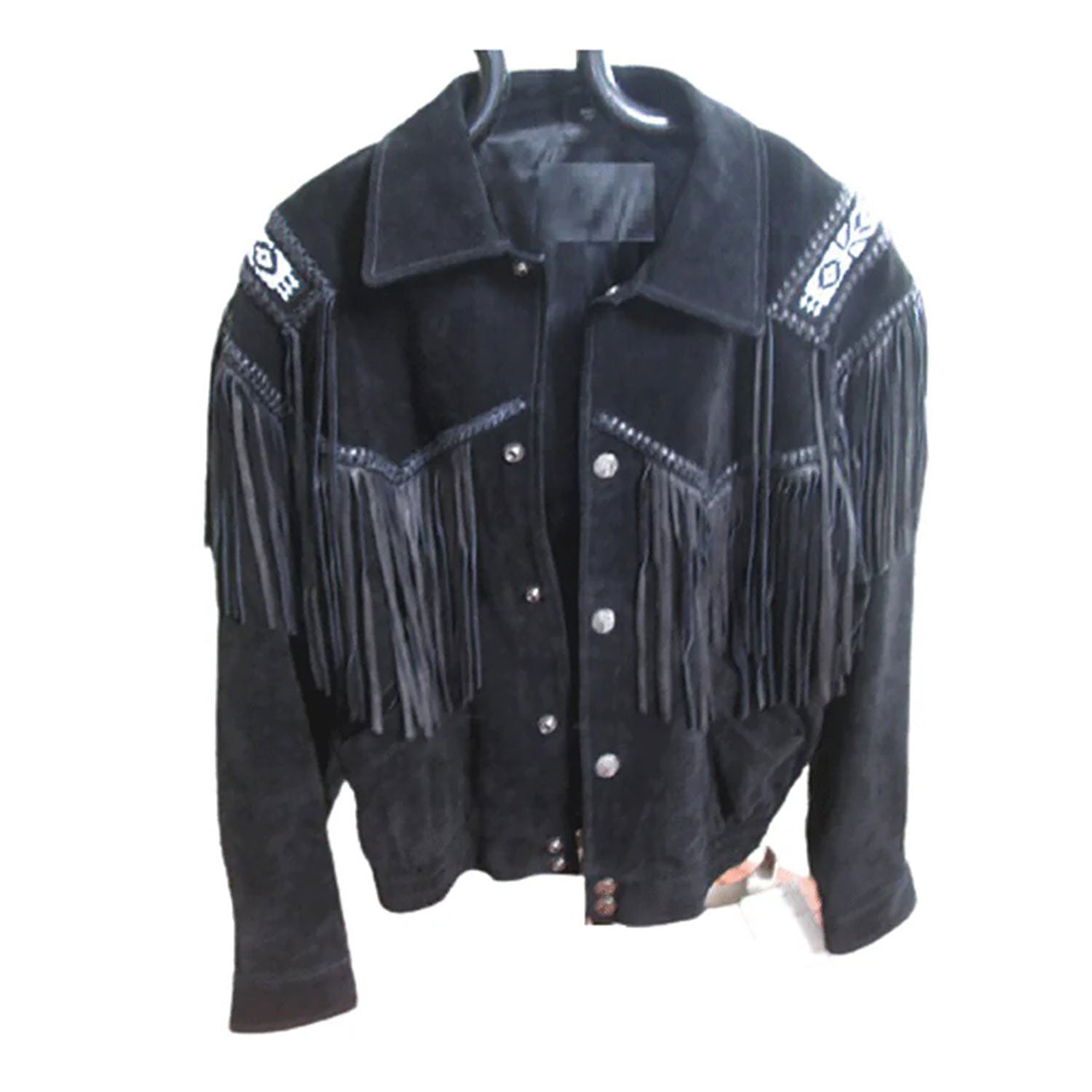 Side profile of the black suede leather fringe jacket with beaded detailing for men
