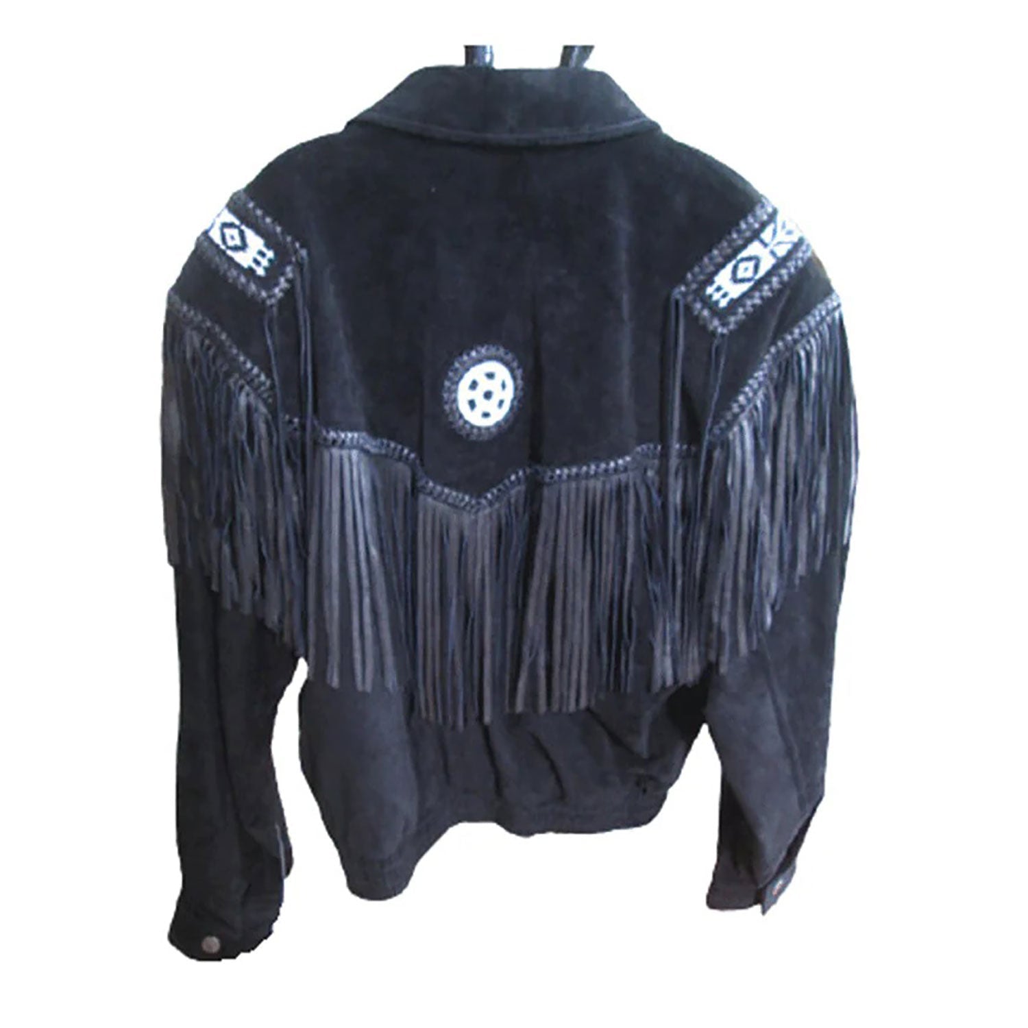 Back view of the black suede leather fringe jacket with beaded detailing for men