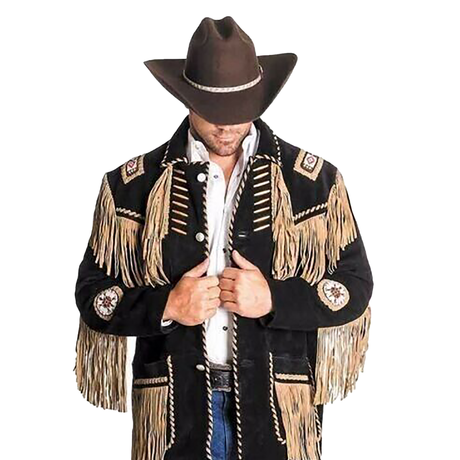 Front View of the black suede leather fringe jacket for men