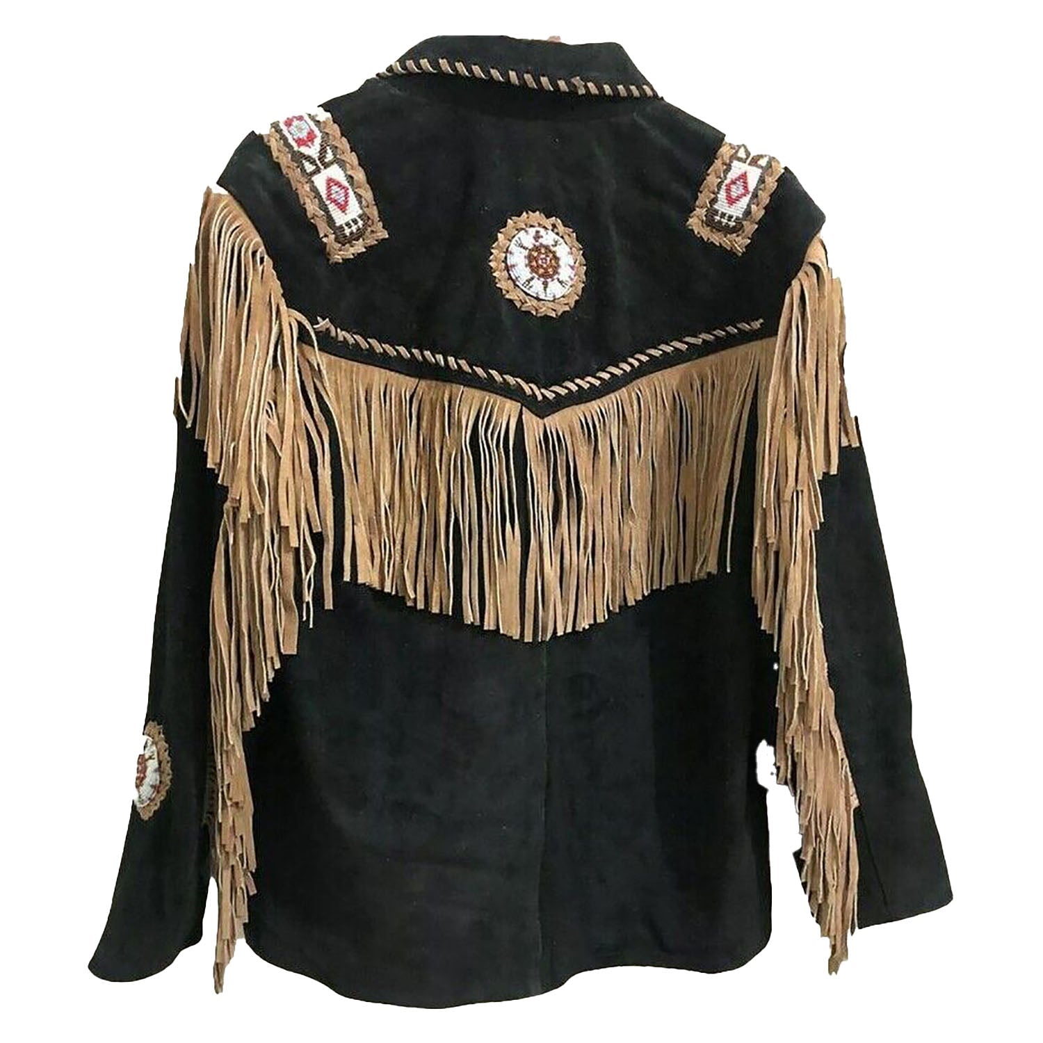 Back View of the black suede leather fringe jacket for men
