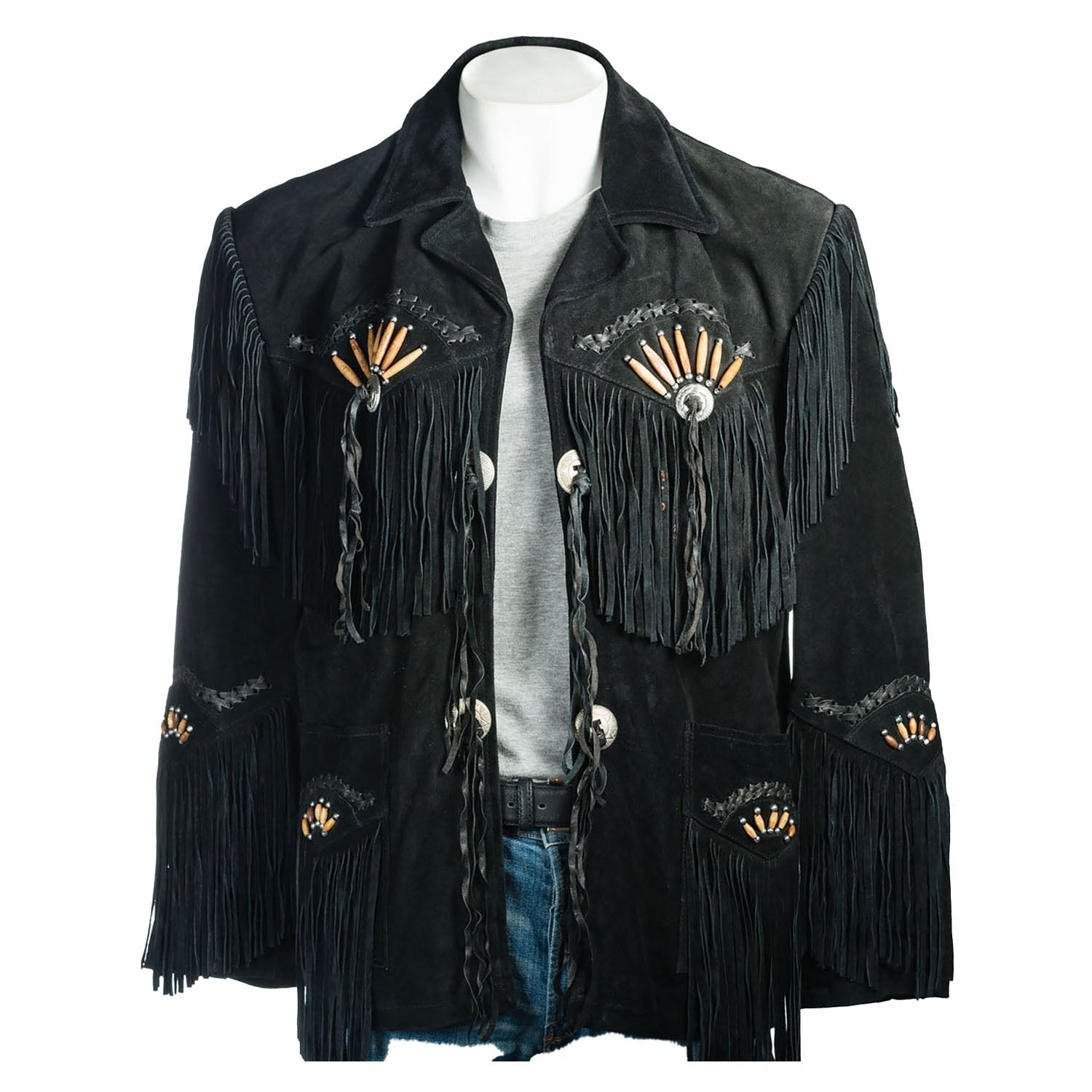 Black suede leather fringe jacket with bone-work trim, full display