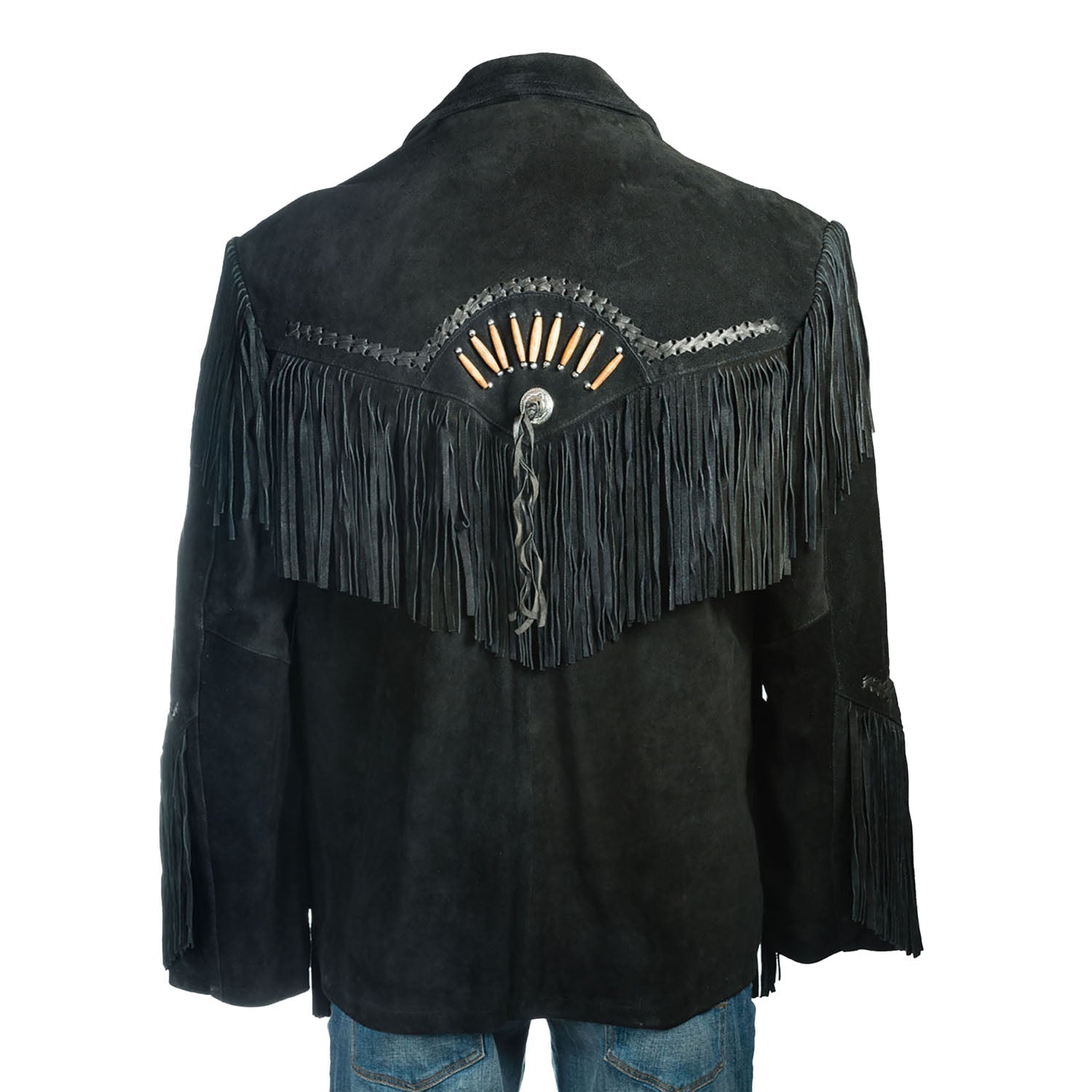 Black suede leather fringe jacket with bone-work trim, detail shot