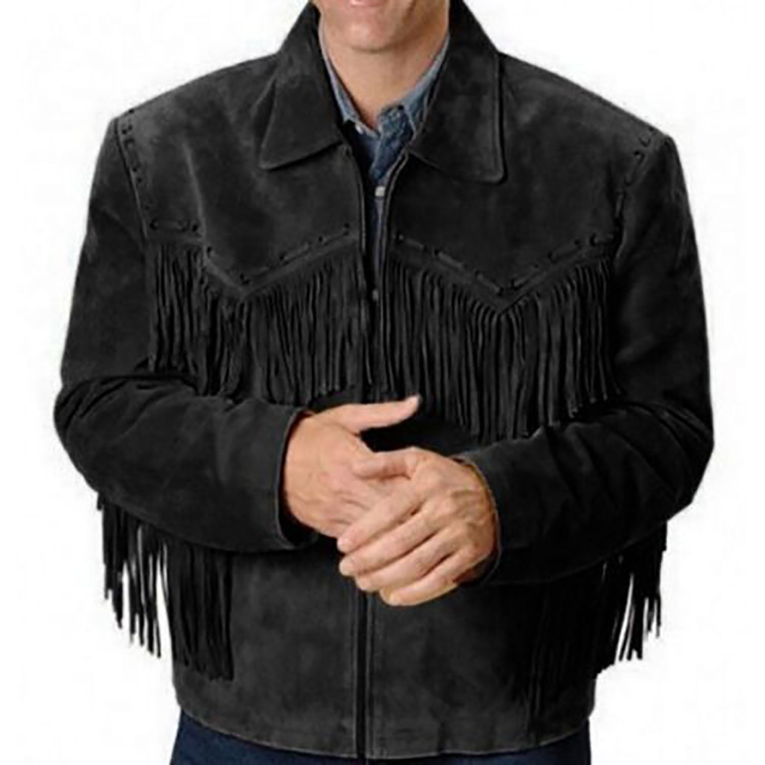 Worn styled look of the black suede leather fringe jacket for men