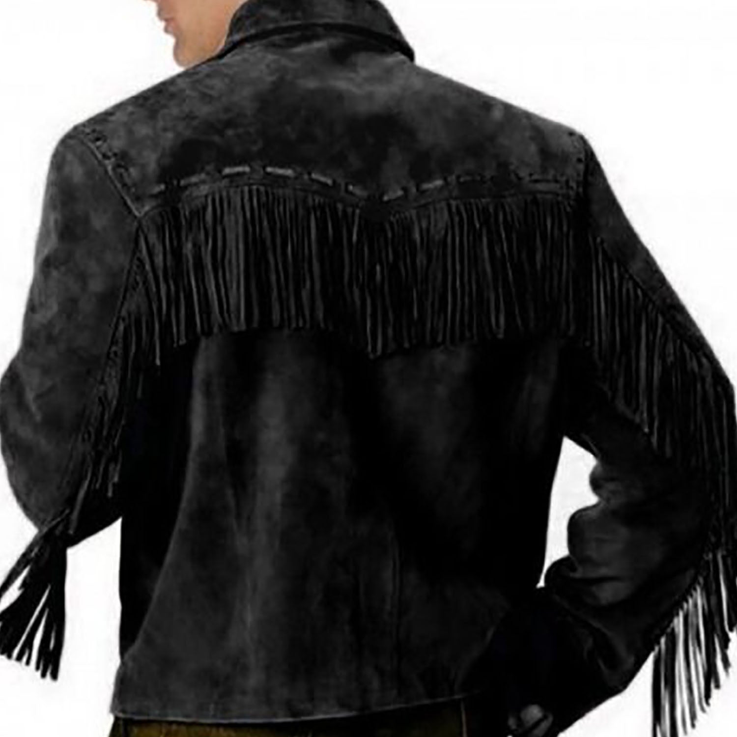 Full display of the black suede leather fringe jacket for men