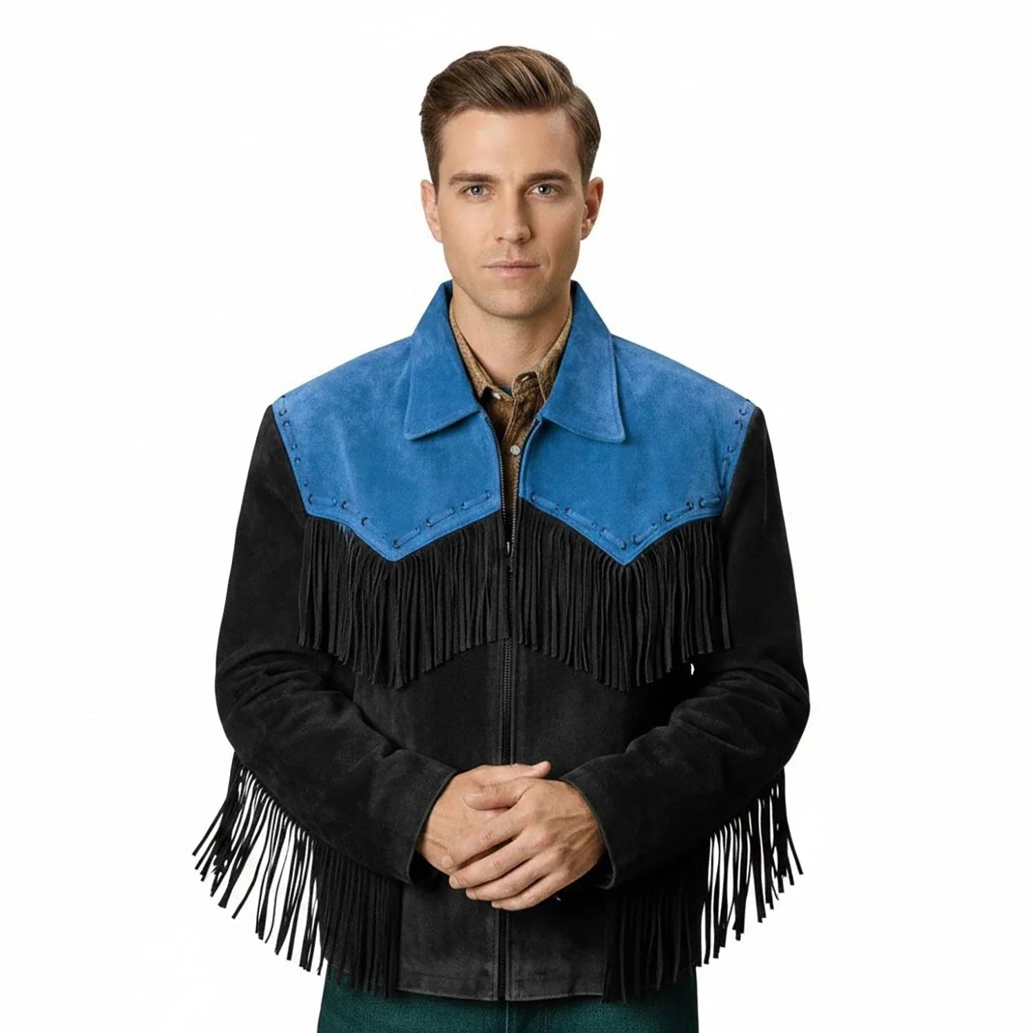Close-up detail showing the black suede leather fringe jacket
