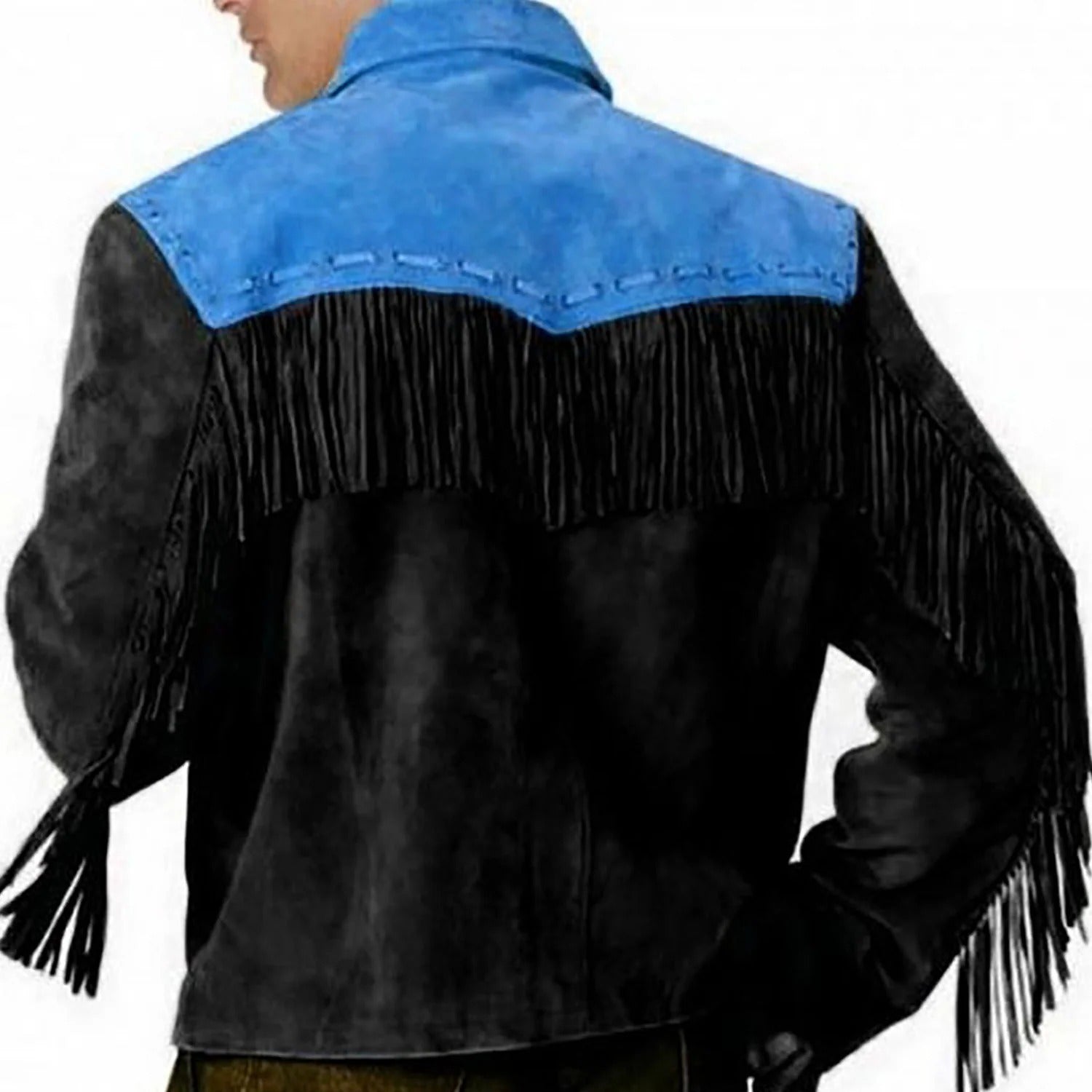 Worn styled look showing the black suede leather fringe jacket