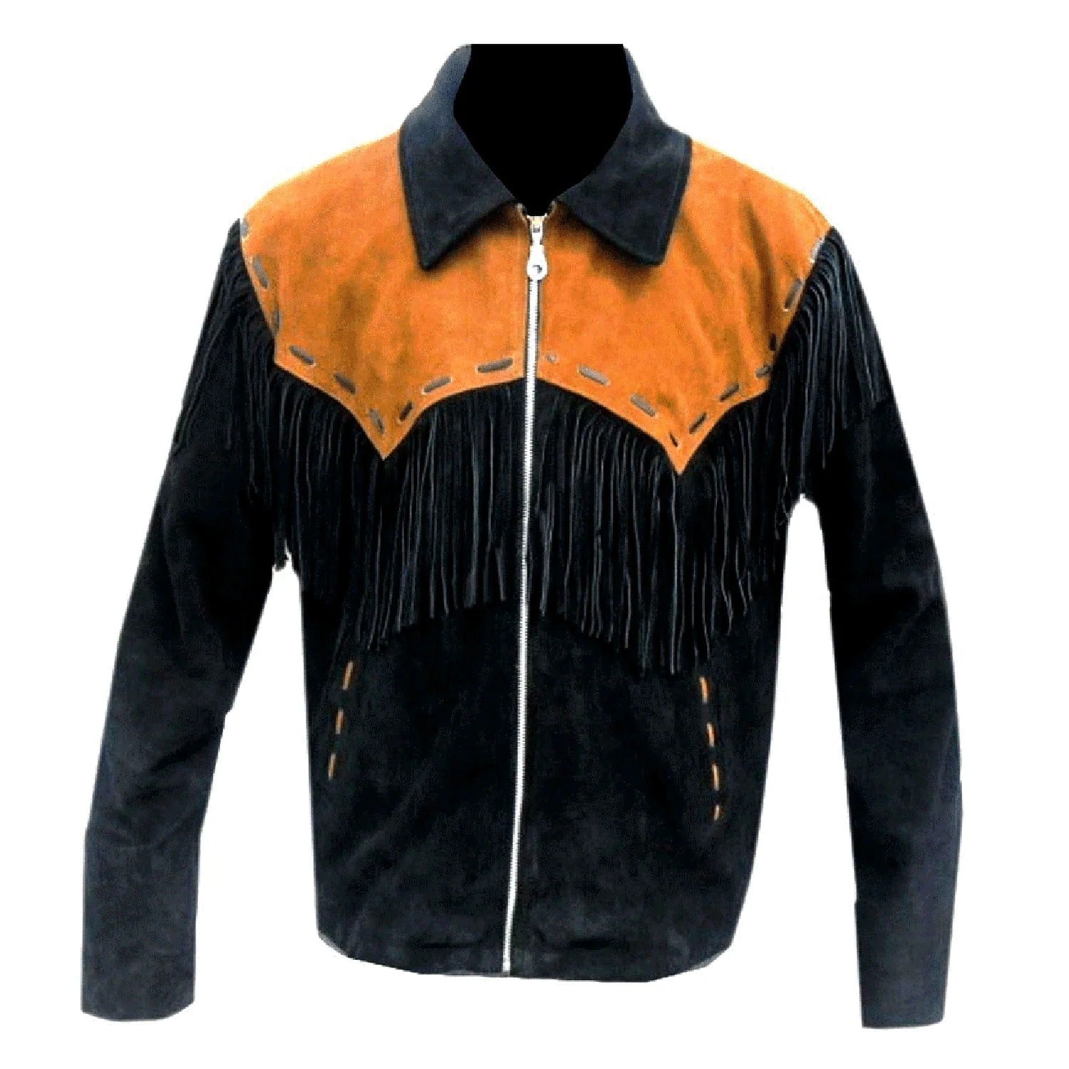 The black suede leather fringe jacket, pictured from the back