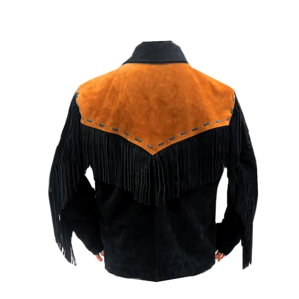 The black suede leather fringe jacket, pictured in close-up