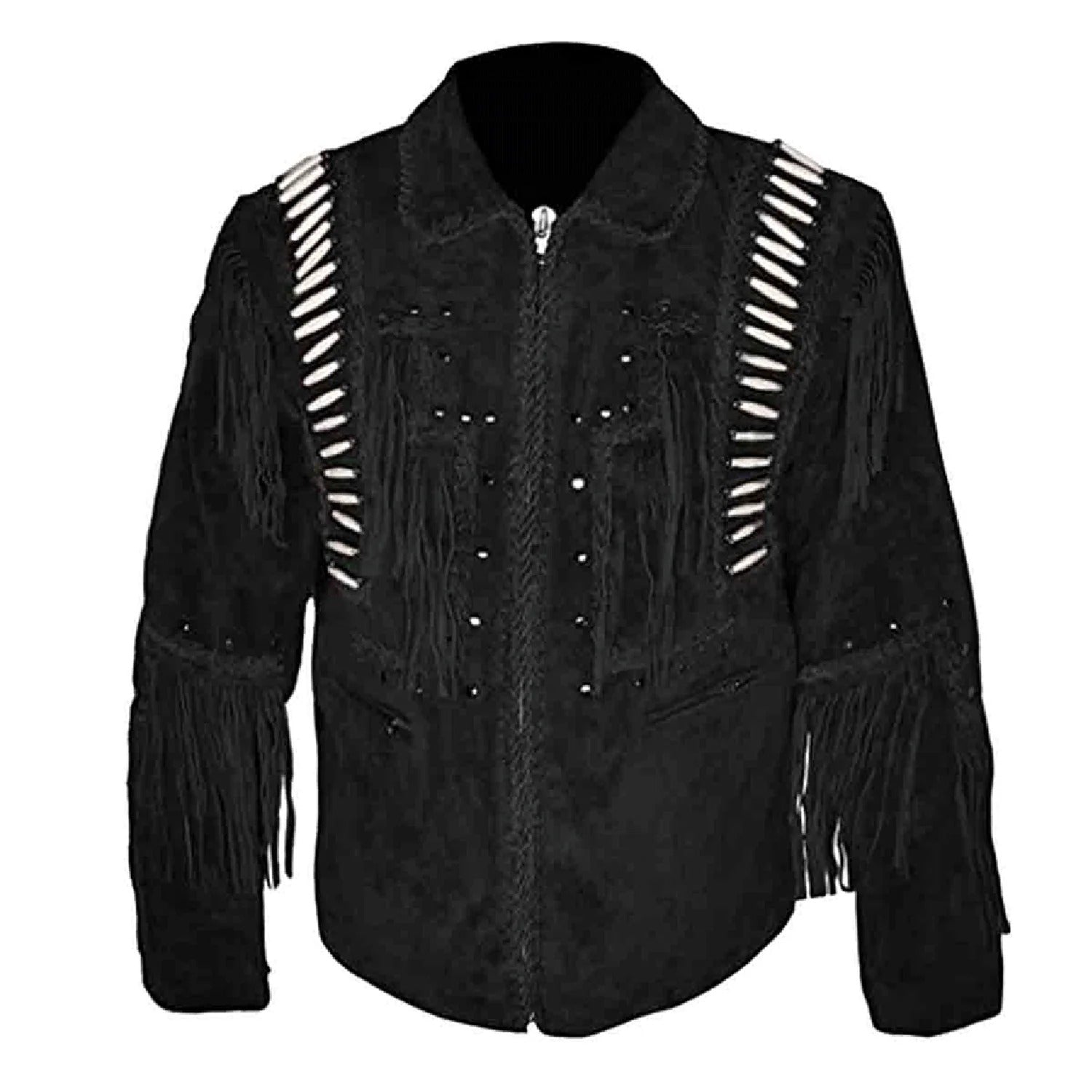 Black suede leather fringe jacket, side profile