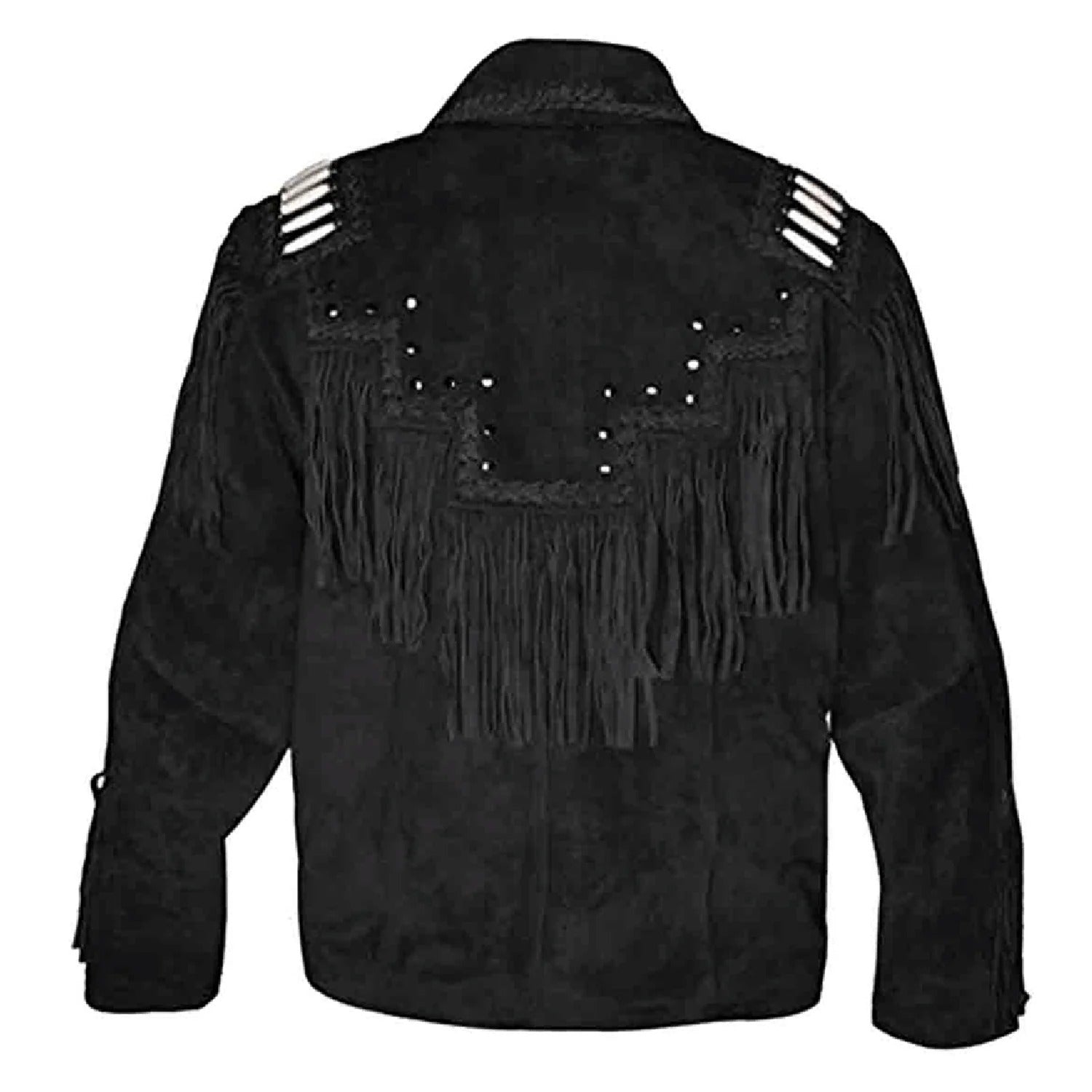 Black suede leather fringe jacket, back view