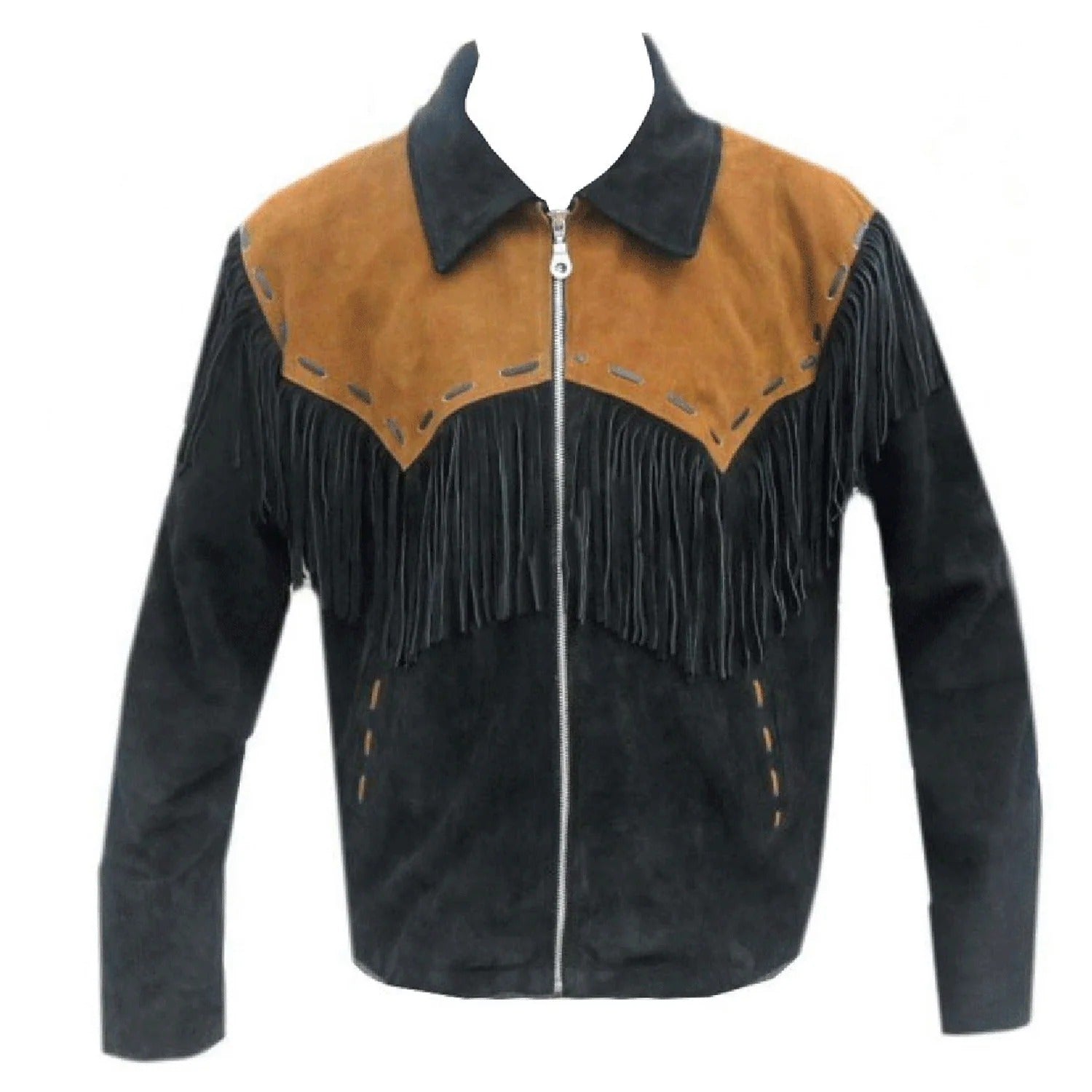 Front view of the black suede leather fringe jacket for men