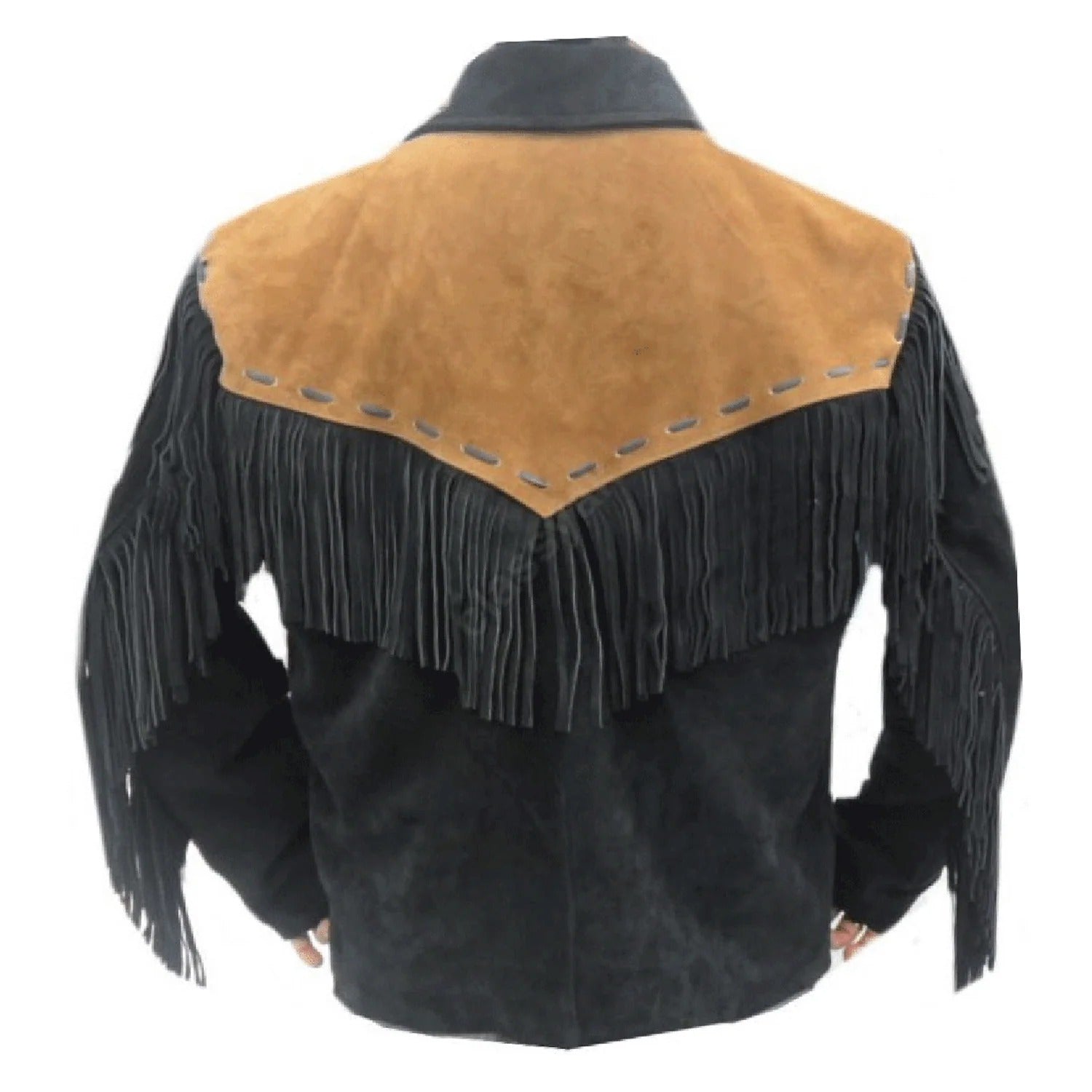 Side profile of the black suede leather fringe jacket for men