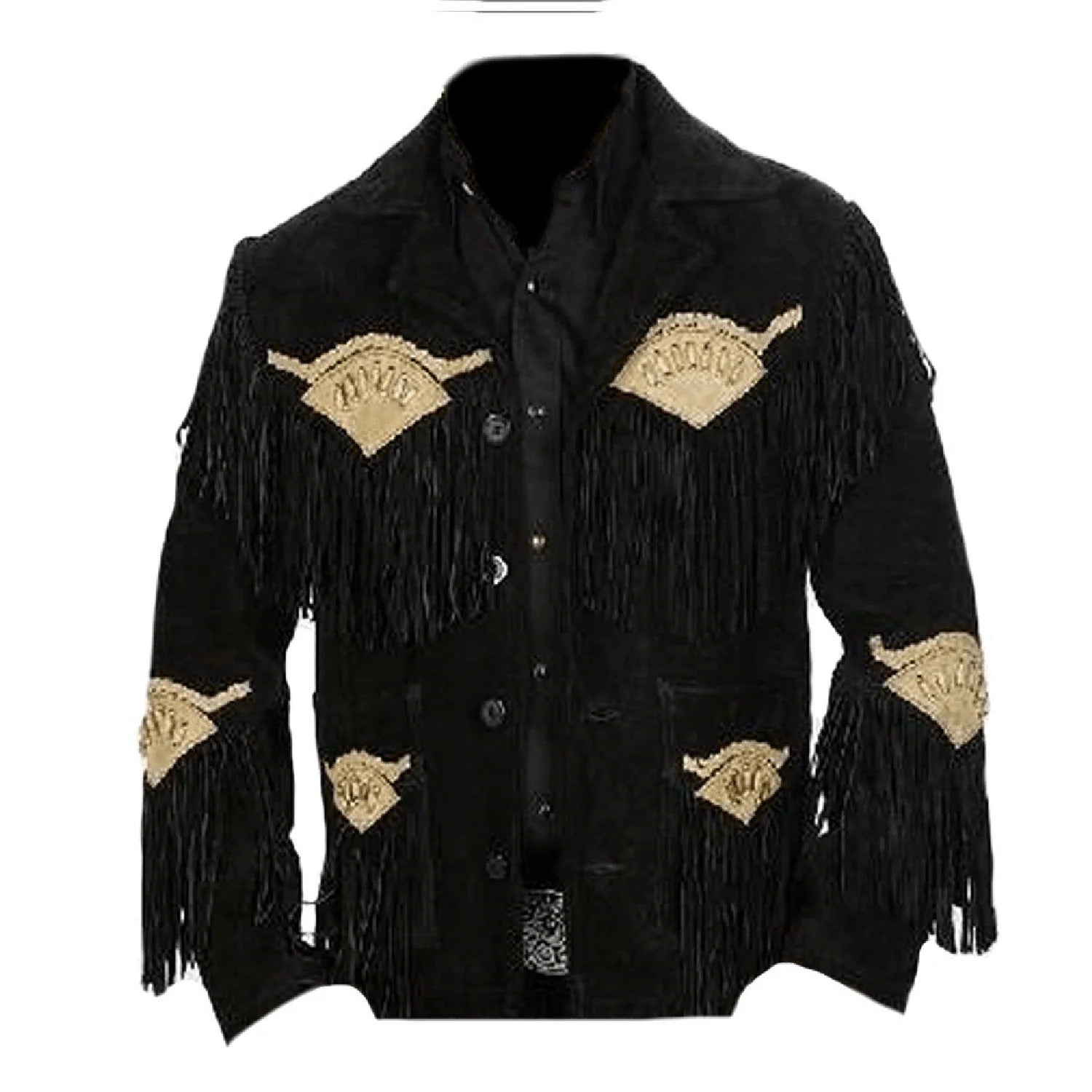 Detail shot showing the black suede leather fringe jacket