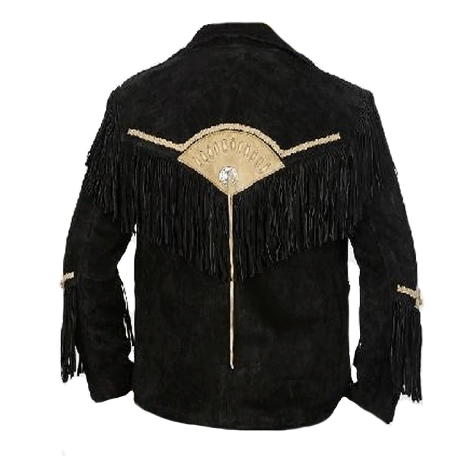 Front view showing the black suede leather fringe jacket