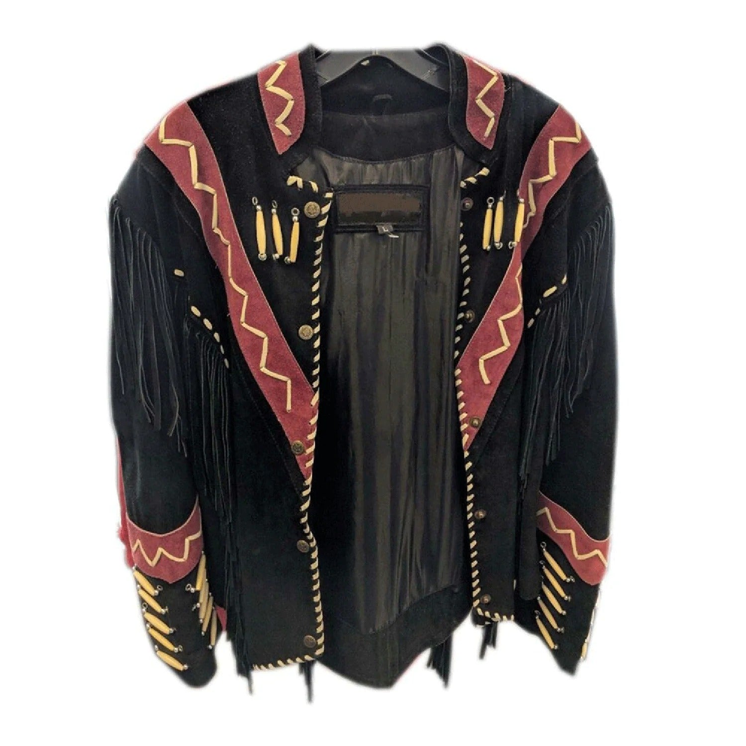 The black suede leather fringe jacket, pictured in full display