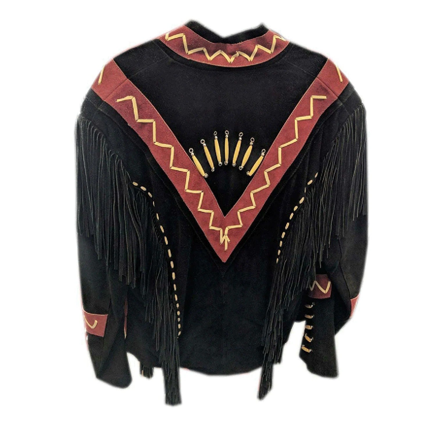 The black suede leather fringe jacket, pictured in detail