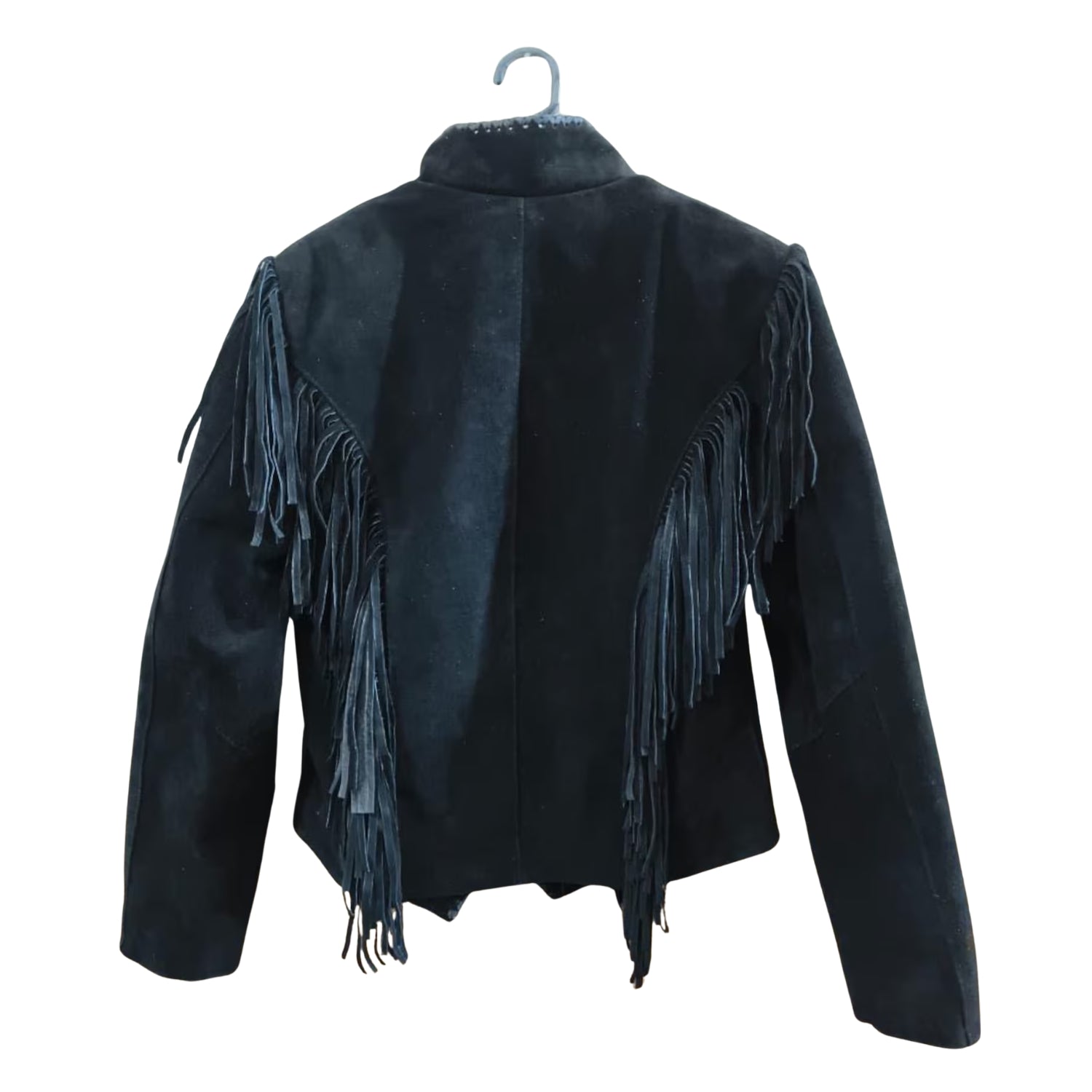 Black suede leather fringe jacket, full display