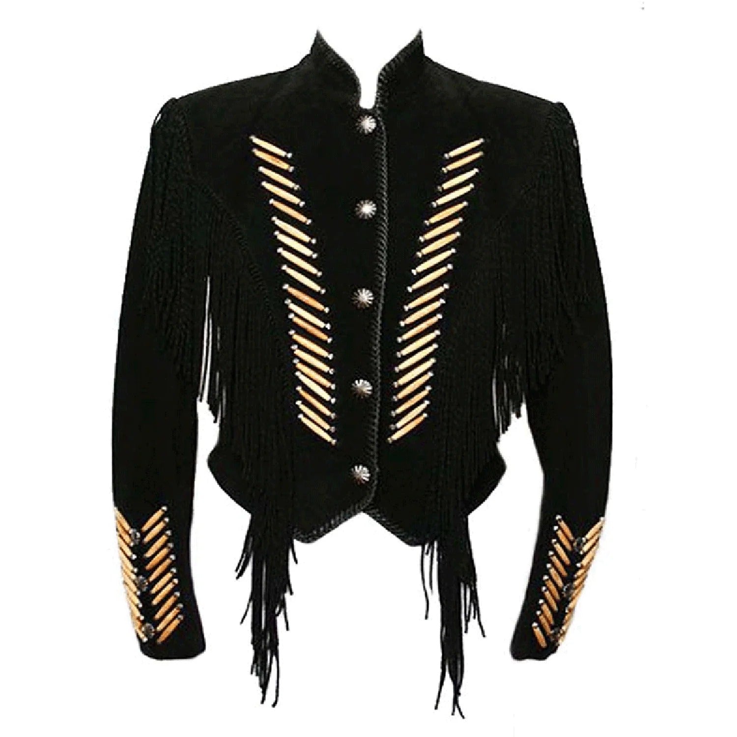 Black suede leather fringe jacket, worn styled look