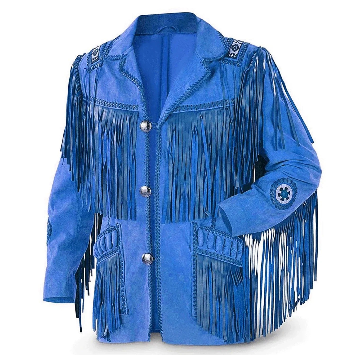 Close-up detail of the blue suede leather fringe jacket with beaded detailing for men