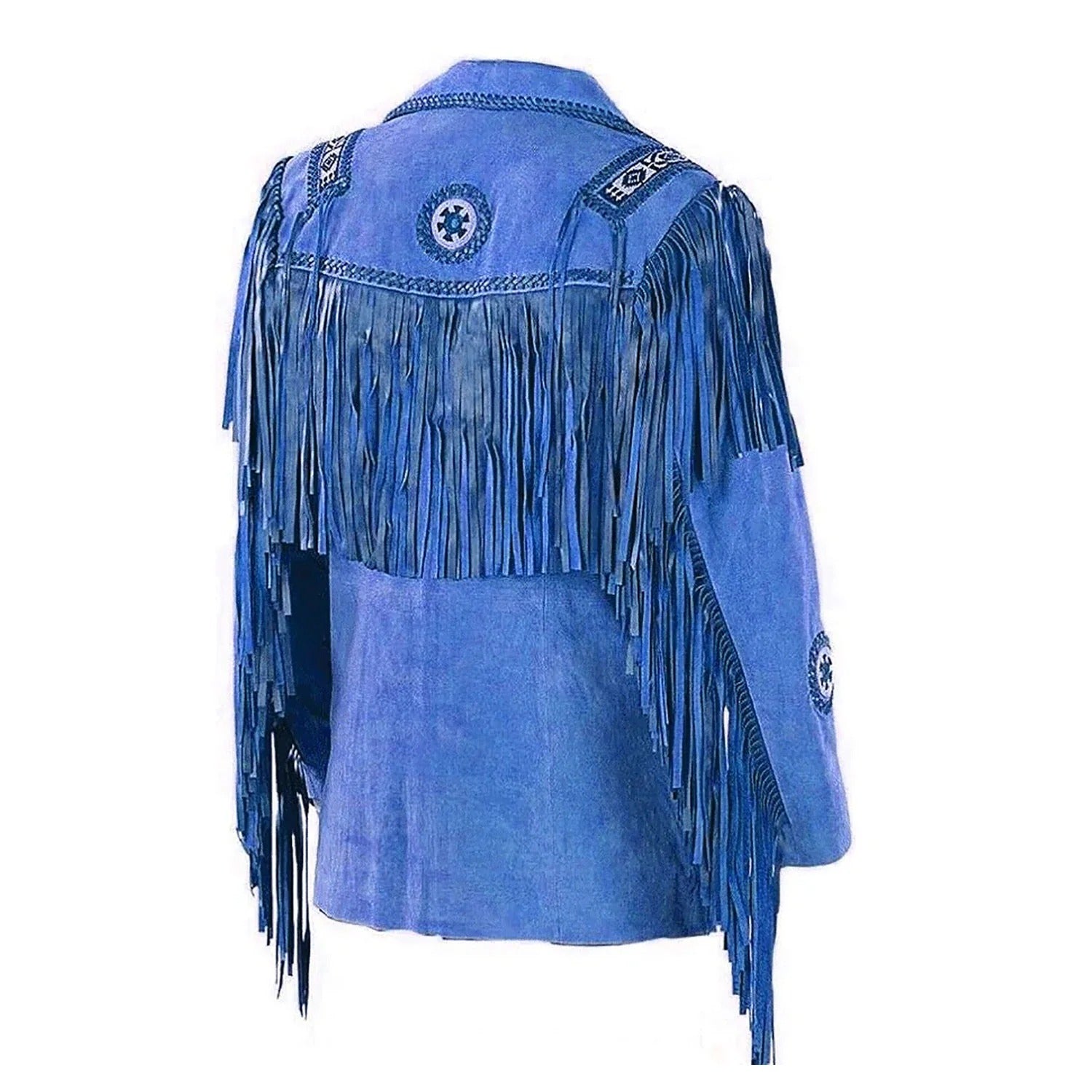 Worn styled look of the blue suede leather fringe jacket with beaded detailing for men