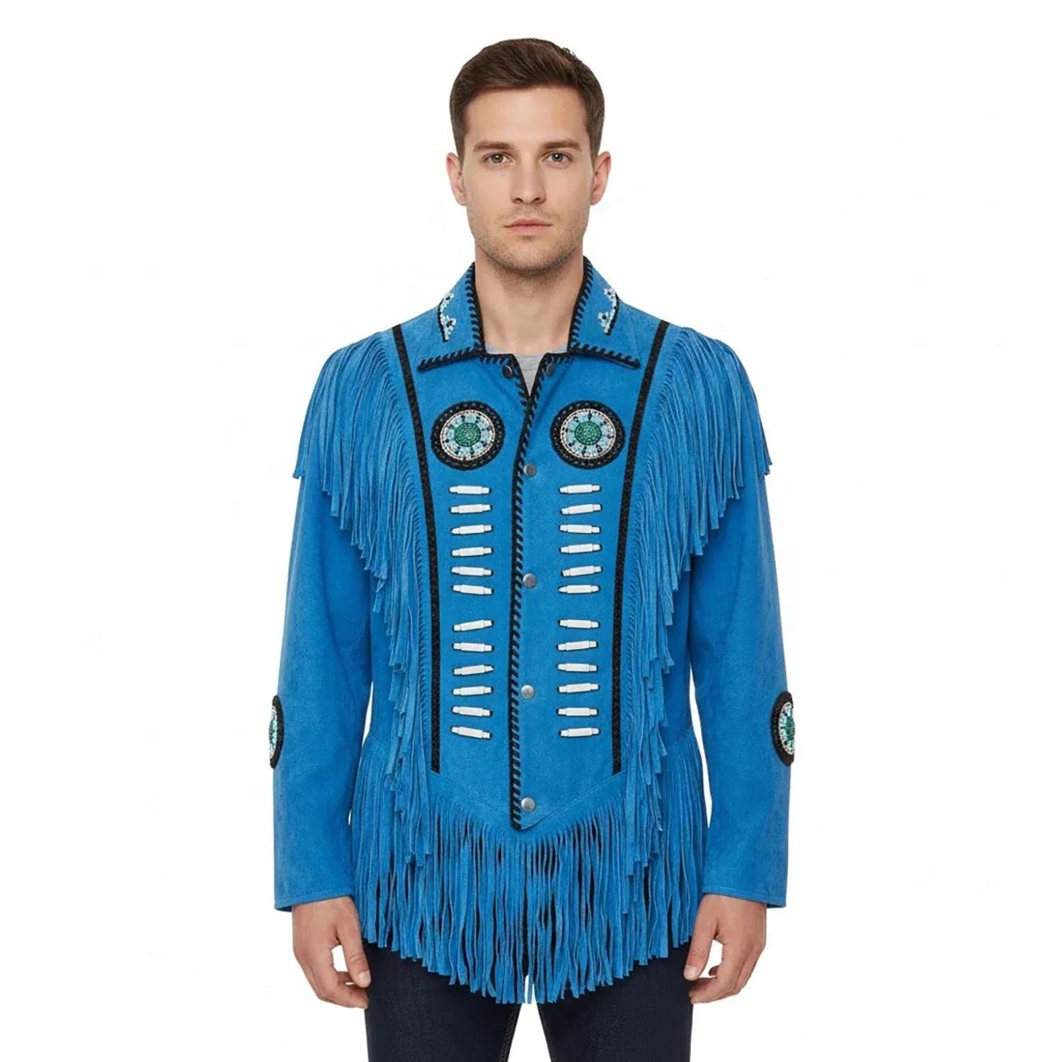Close-up detail showing the blue suede leather fringe jacket with beaded detailing
